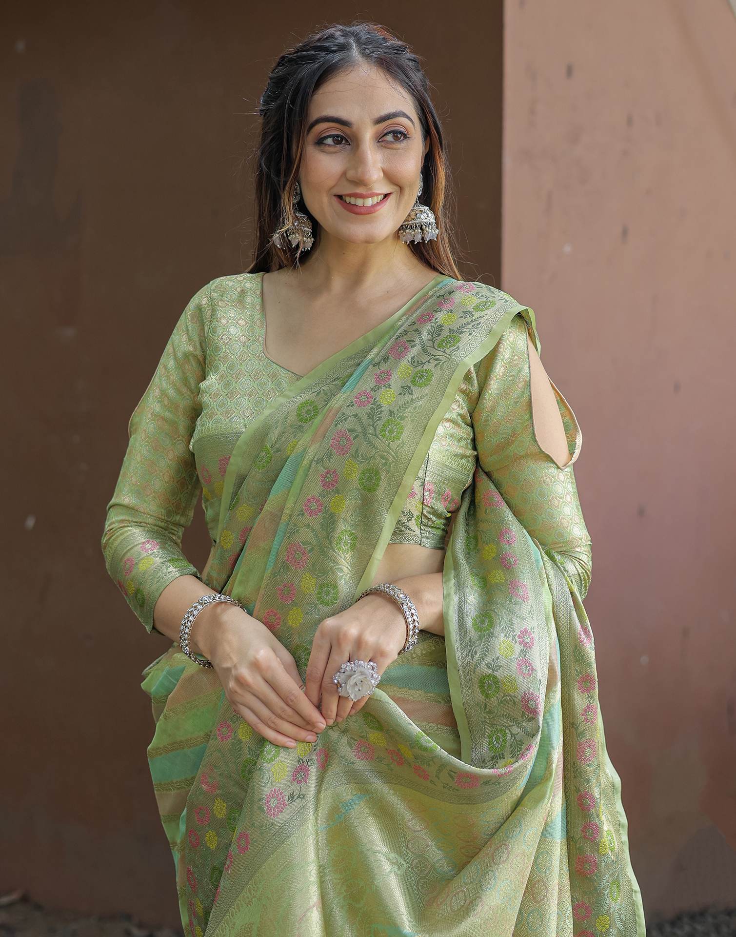 Pista Green Silk Woven Saree - Image 9