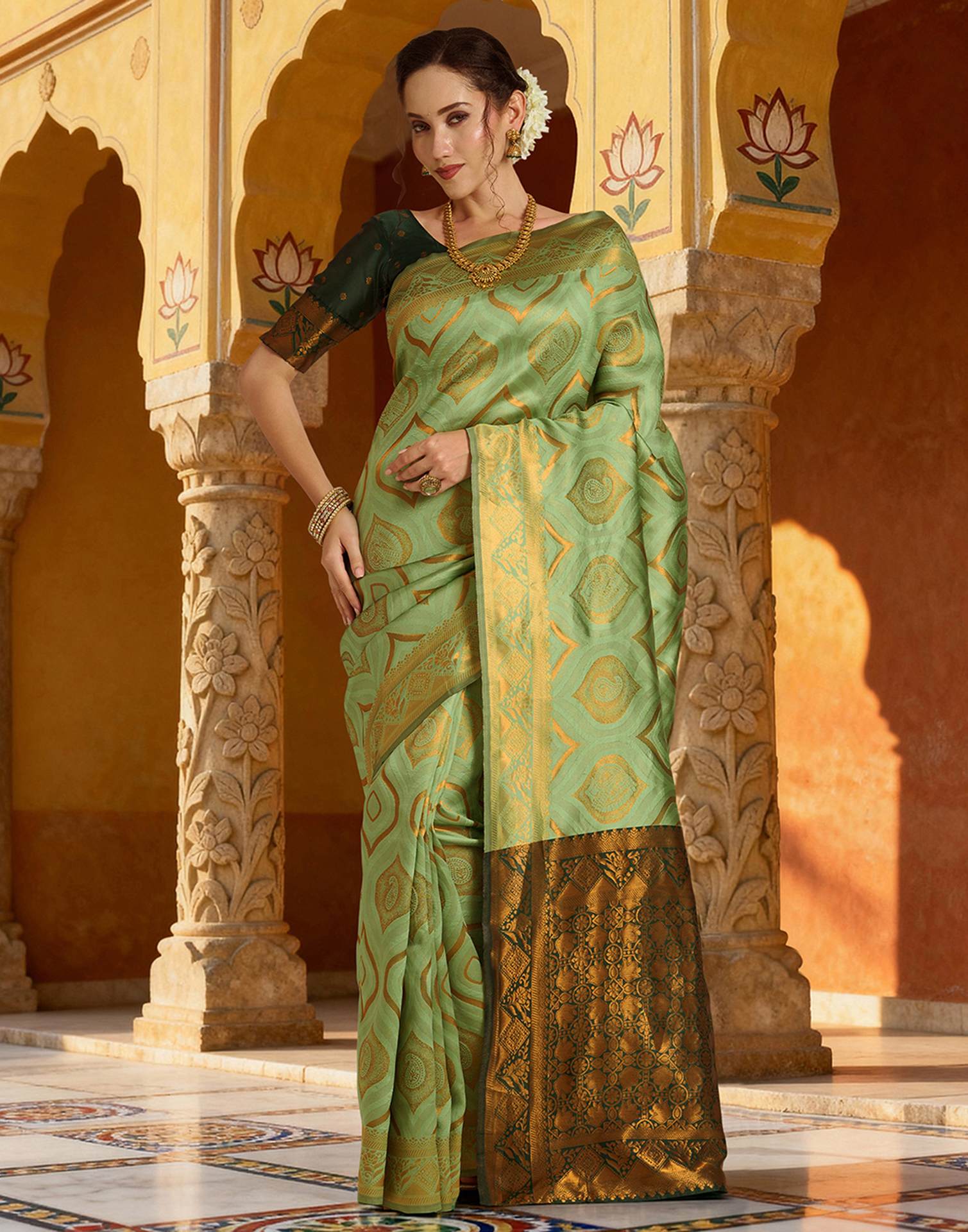 Bottle Green Silk Woven Banarasi Saree