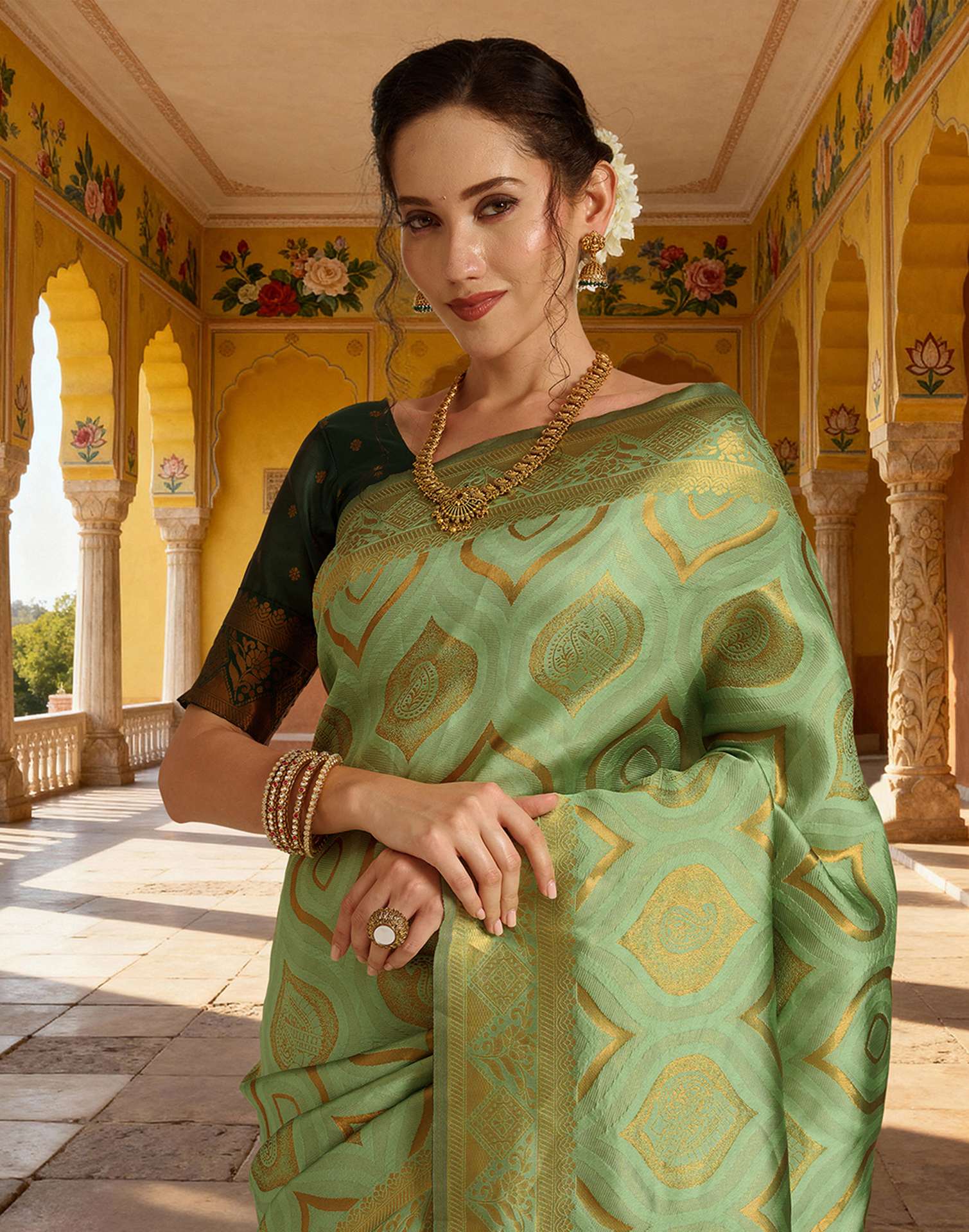 Bottle Green Silk Woven Banarasi Saree - Image 2