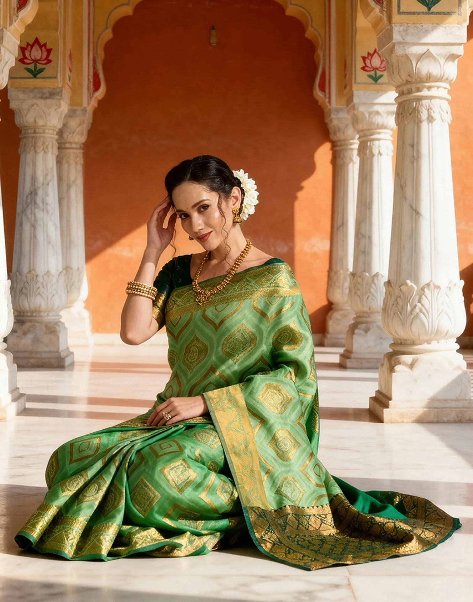 Bottle Green Silk Woven Banarasi Saree - Image 4