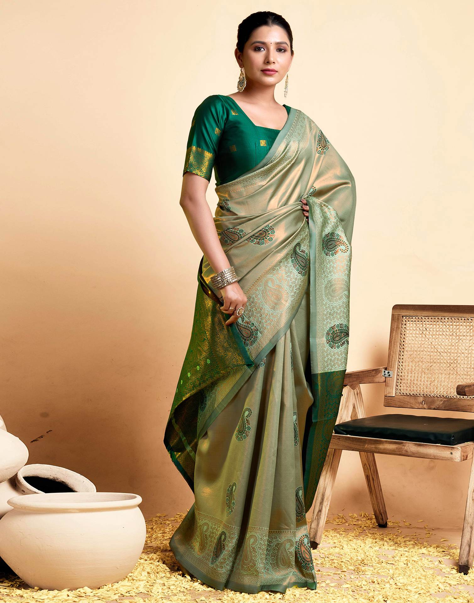Pista Green Silk Woven Banarasi Saree - Image 5