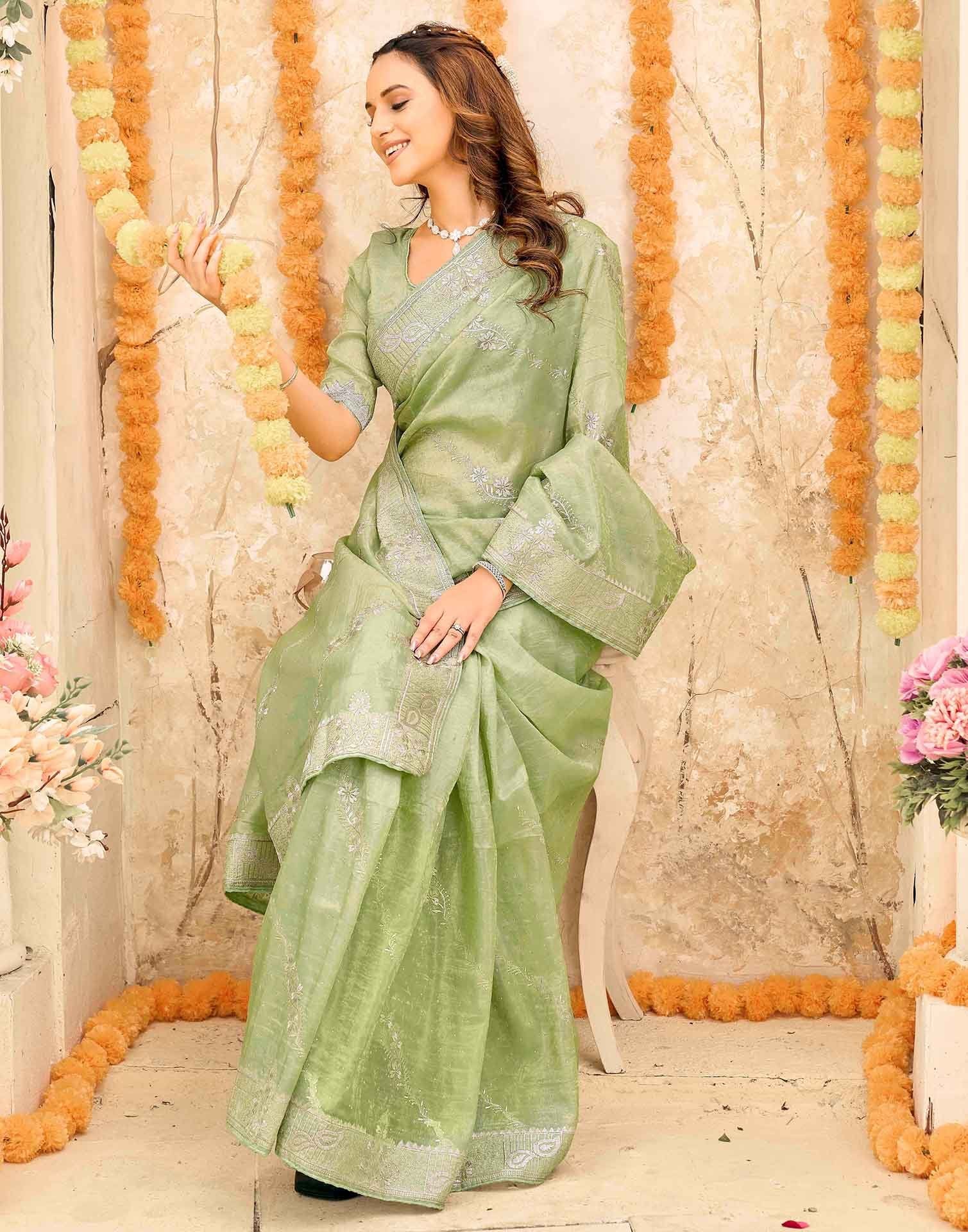 Pista Green Tissue Silk Embroidery Embellished Saree - Image 5