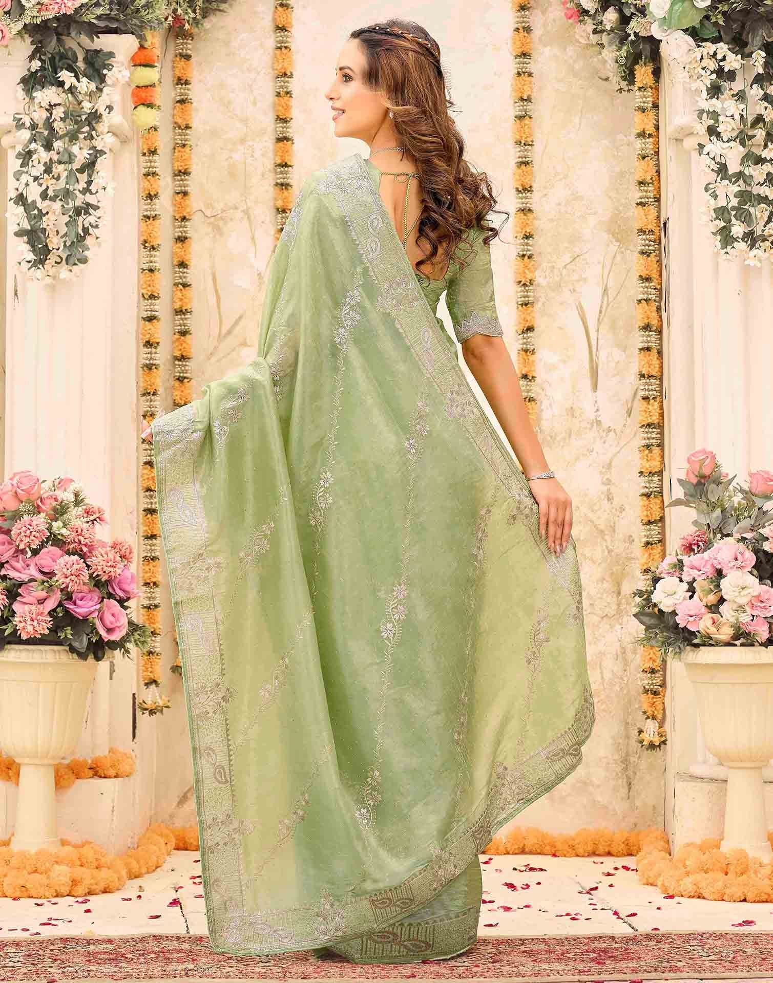 Pista Green Tissue Silk Embroidery Embellished Saree - Image 6