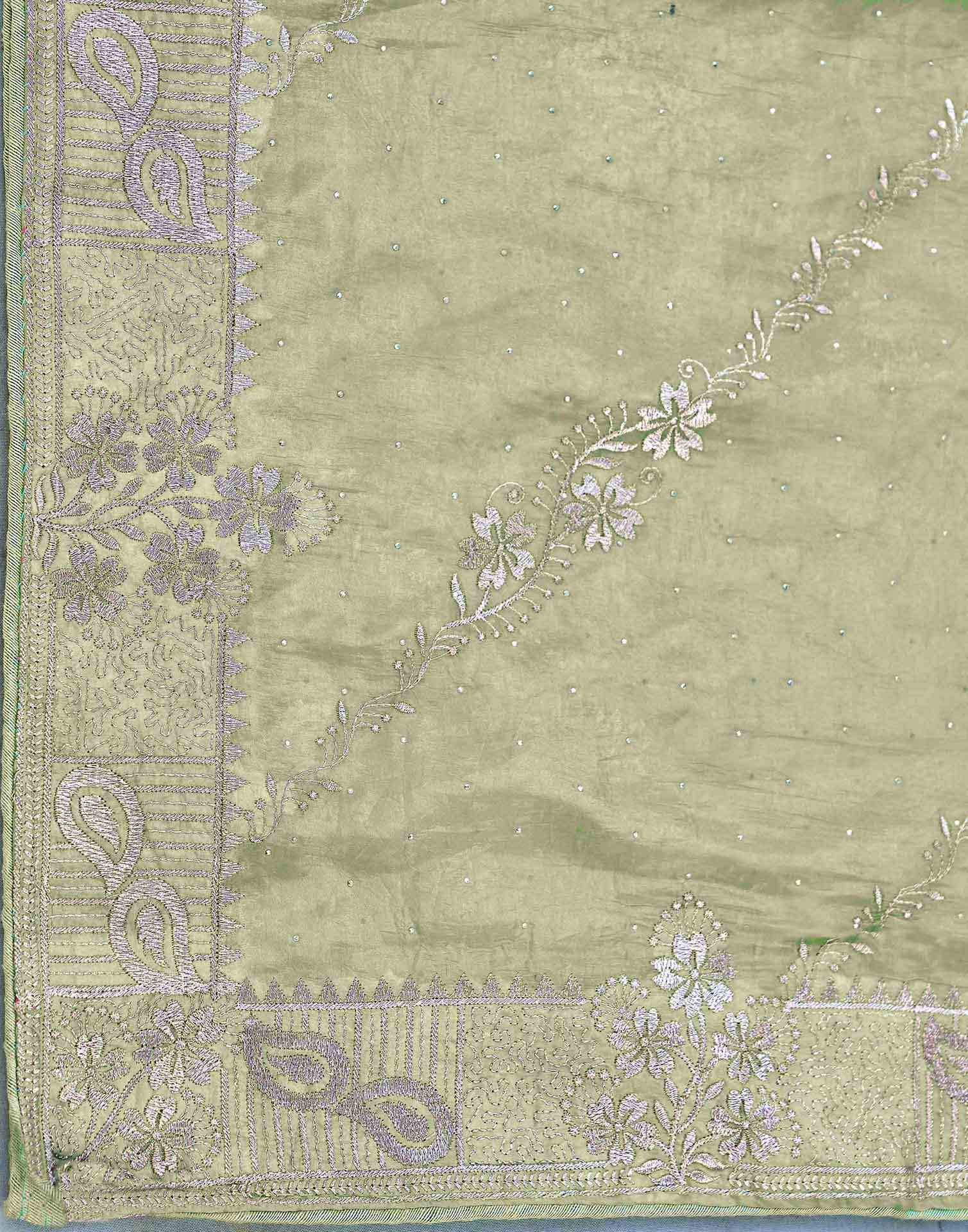 Pista Green Tissue Silk Embroidery Embellished Saree - Image 7