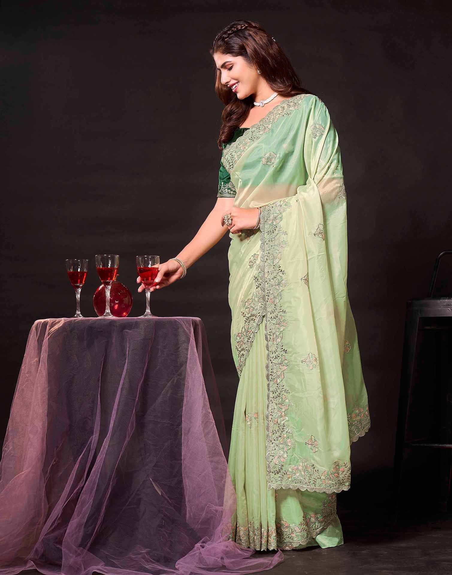 Pista Green Tissue Silk Embroidery Saree - Image 4