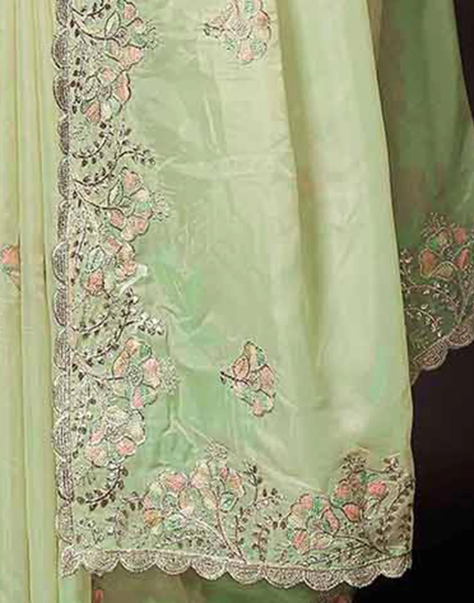 Pista Green Tissue Silk Embroidery Saree - Image 7