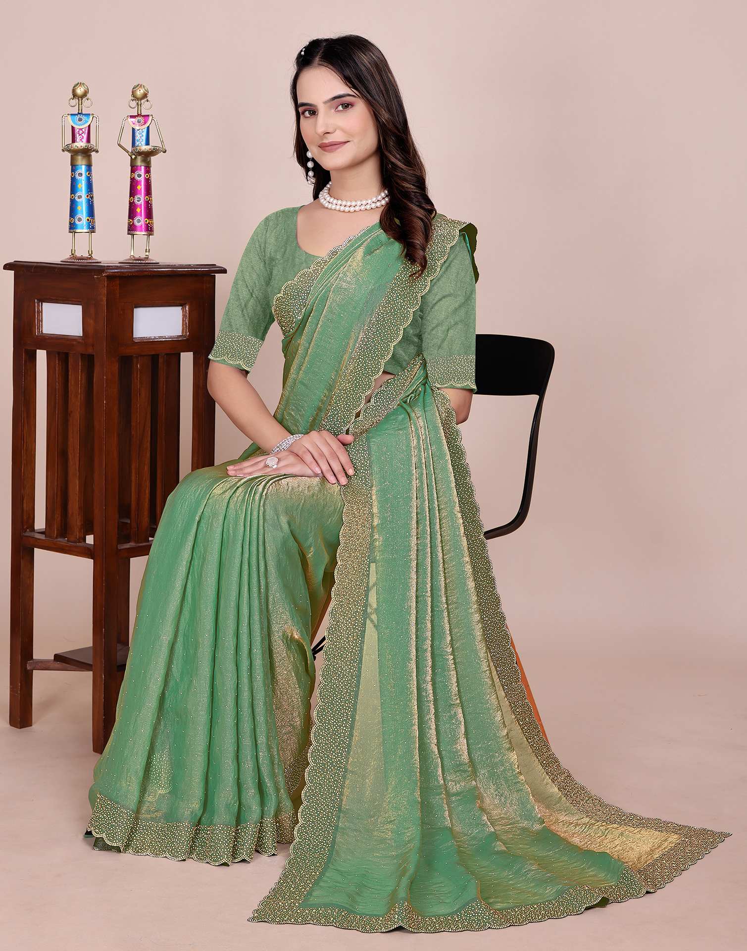 Pista Green Tissue Silk Stone Work Swarovski Saree - Image 2