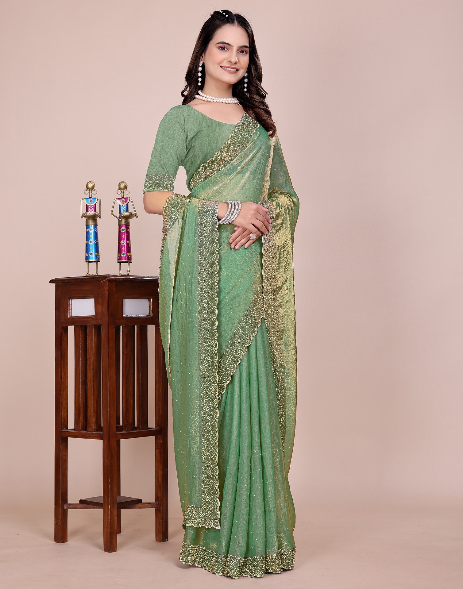 Pista Green Tissue Silk Stone Work Swarovski Saree - Image 3