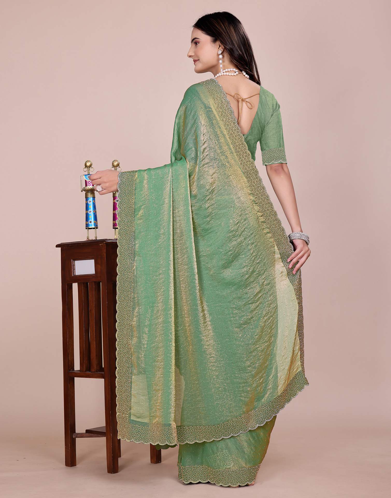 Pista Green Tissue Silk Stone Work Swarovski Saree - Image 4