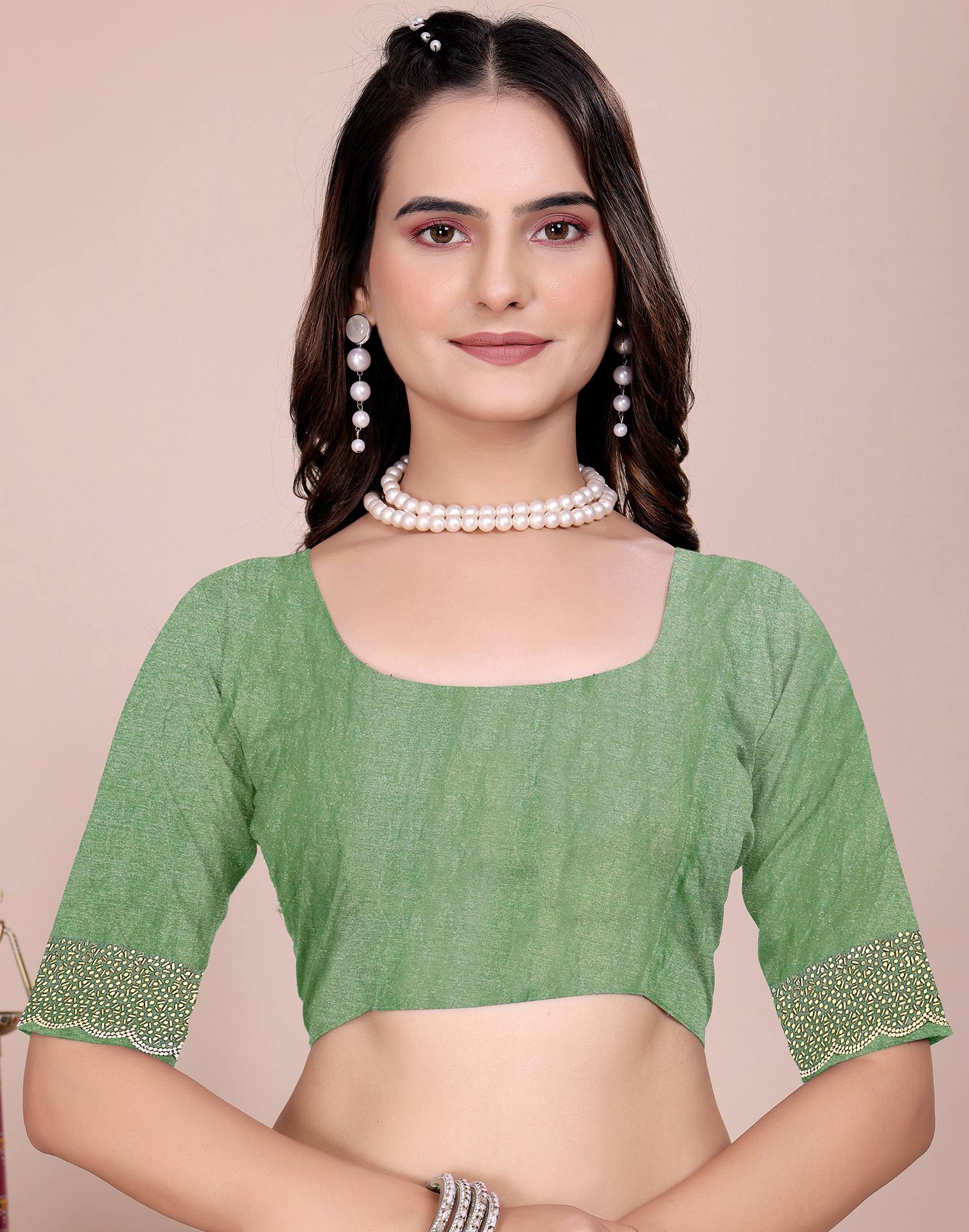 Pista Green Tissue Silk Stone Work Swarovski Saree - Image 5
