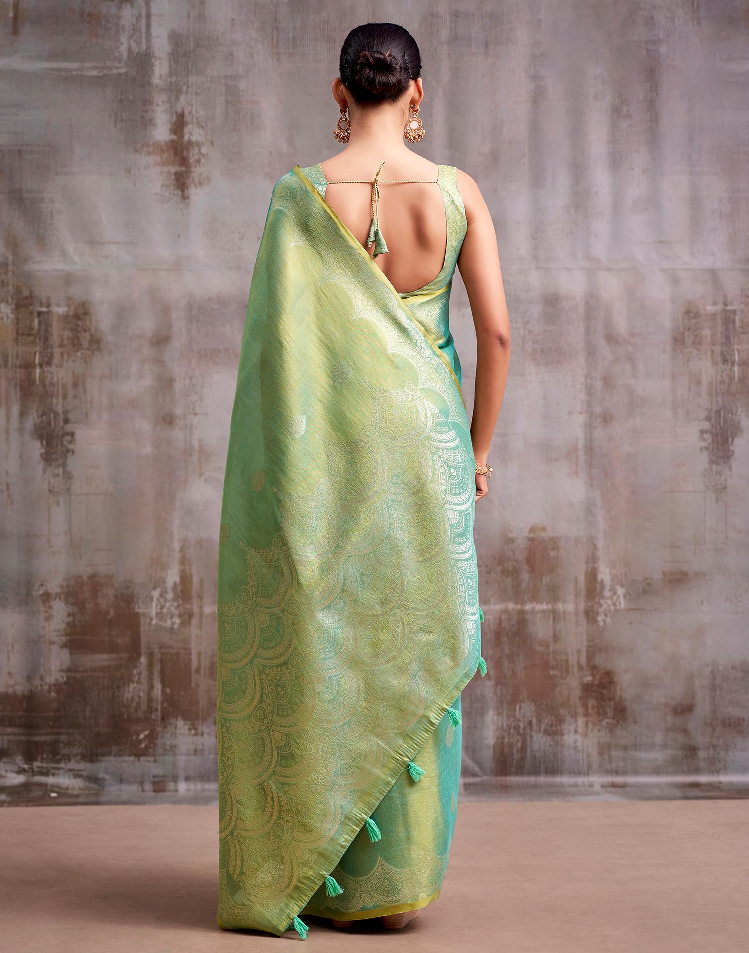 Pista Green Tissue Silk Woven Banarasi Saree - Image 6