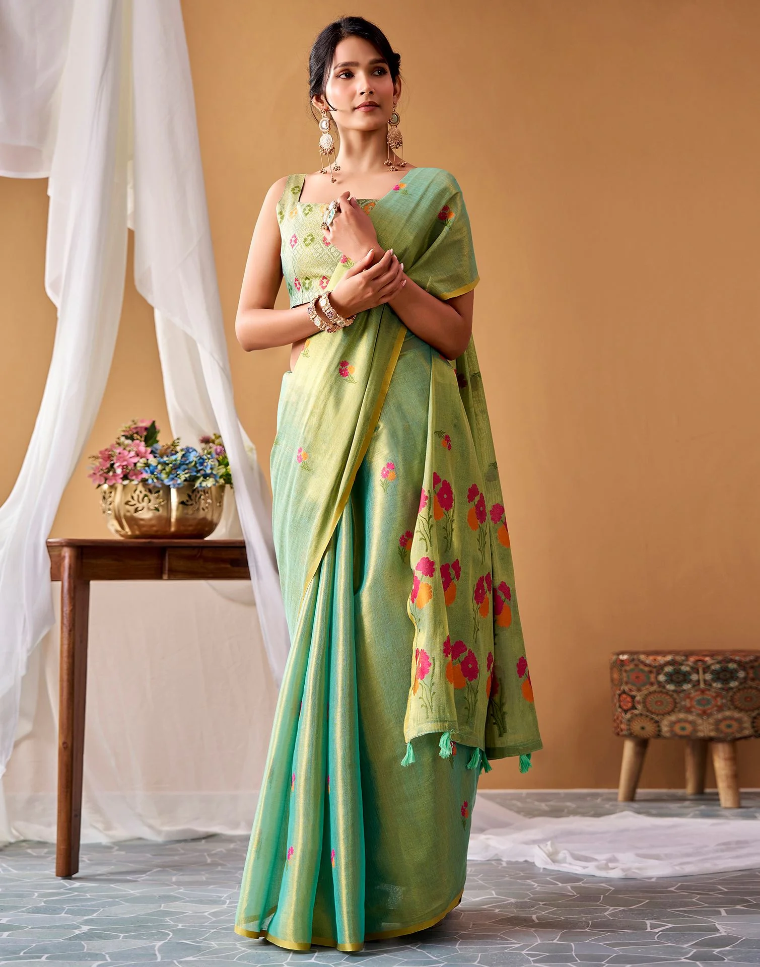 Pista Green Tissue Silk Woven Floral Saree - Image 2