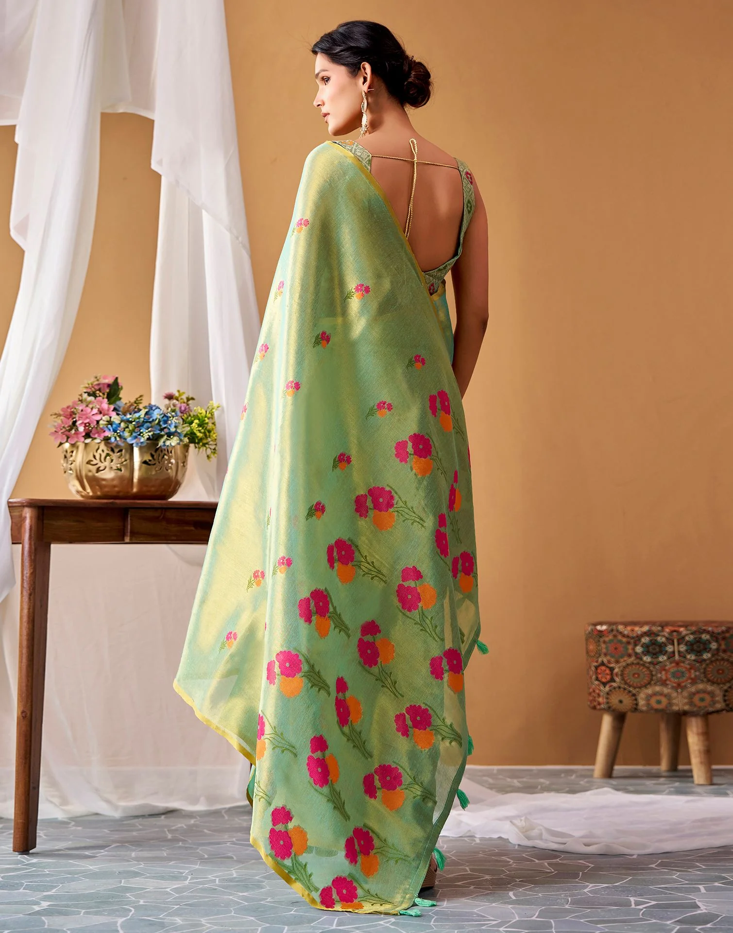 Pista Green Tissue Silk Woven Floral Saree - Image 4