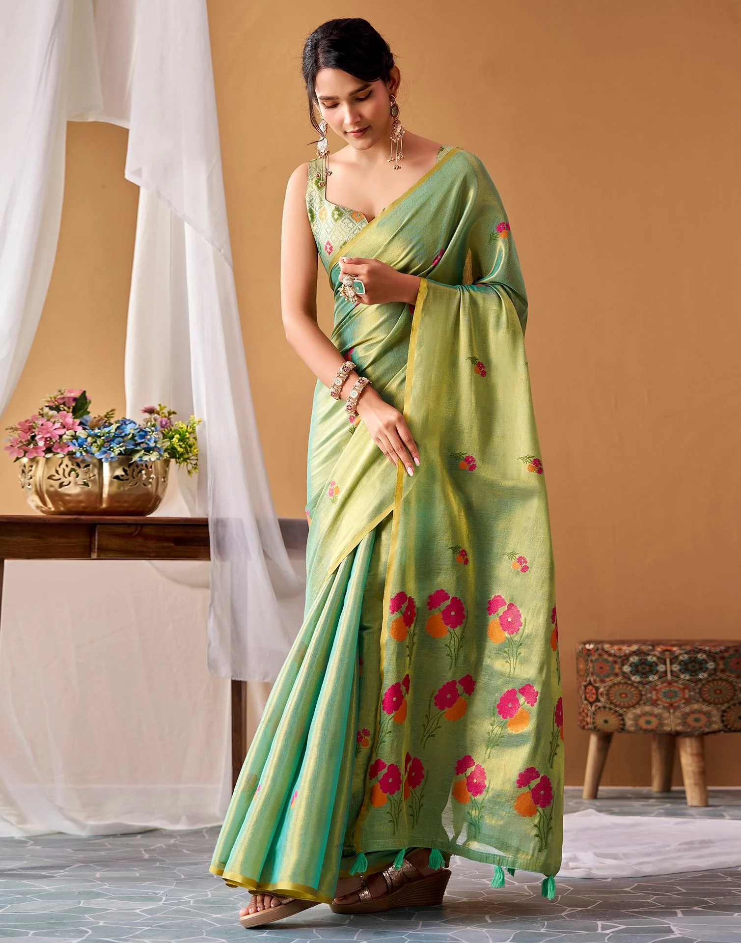 Pista Green Tissue Silk Woven Floral Saree - Image 6