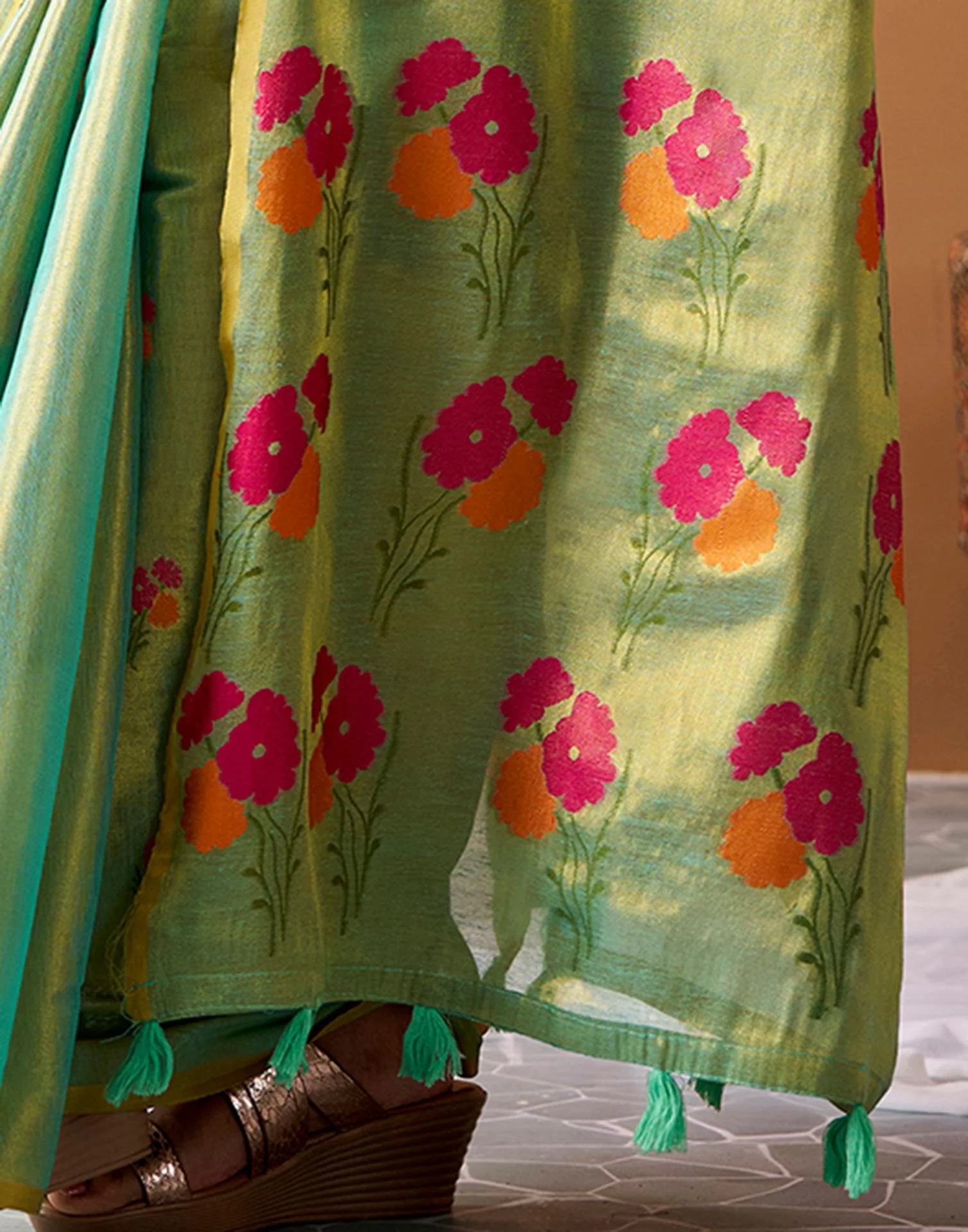 Pista Green Tissue Silk Woven Floral Saree - Image 7
