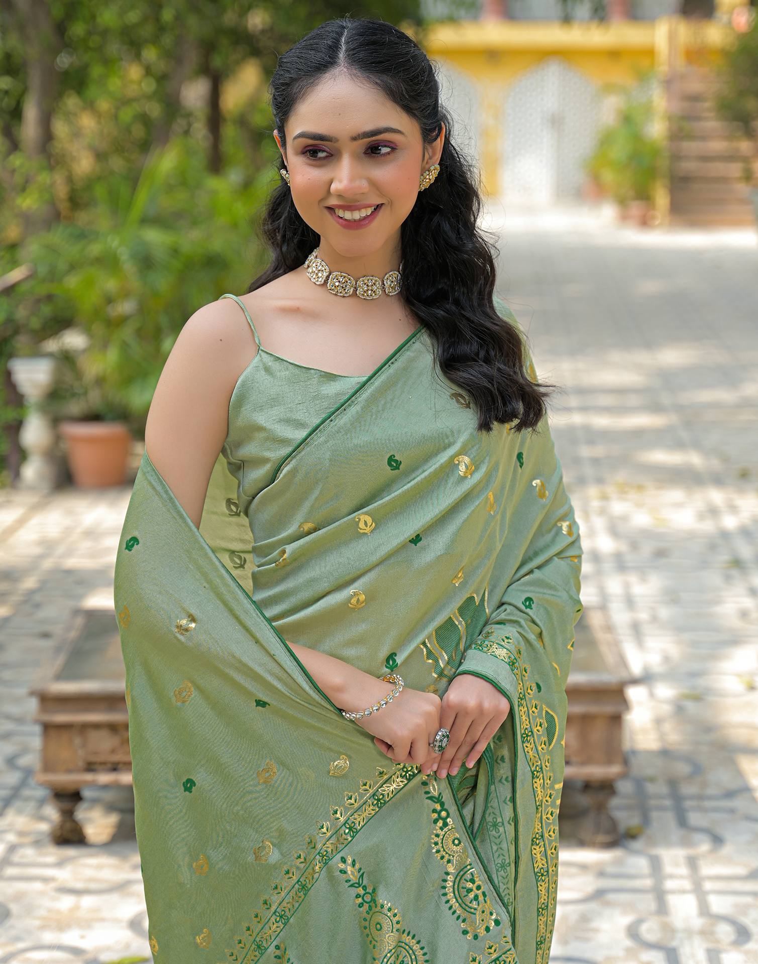 Pista Green Vichitra Silk Foil Printed Saree - Image 2