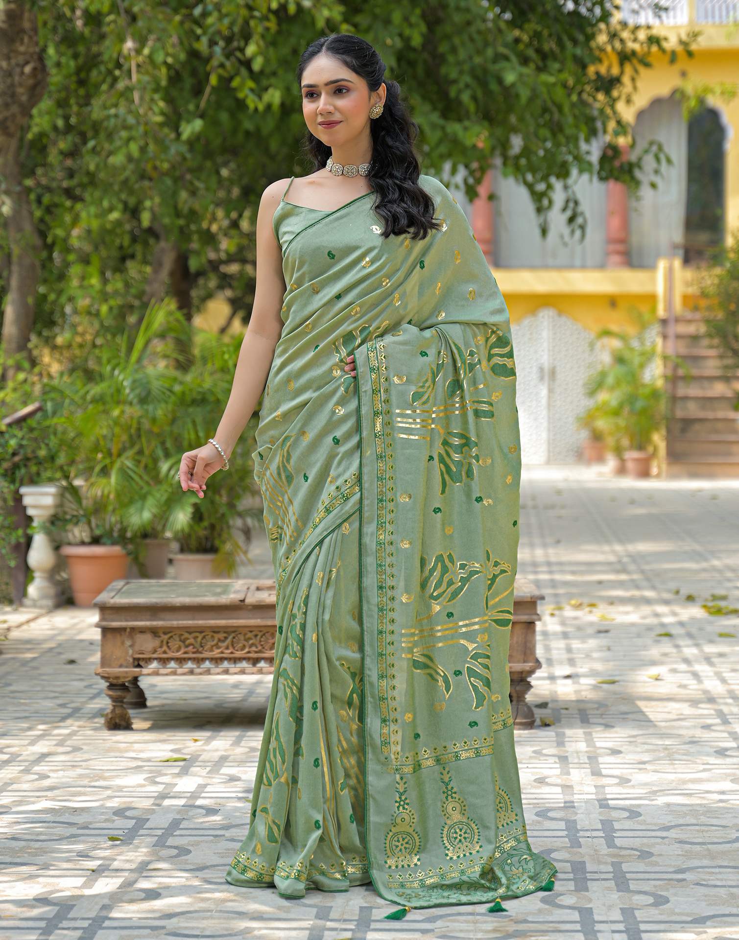 Pista Green Vichitra Silk Foil Printed Saree - Image 4