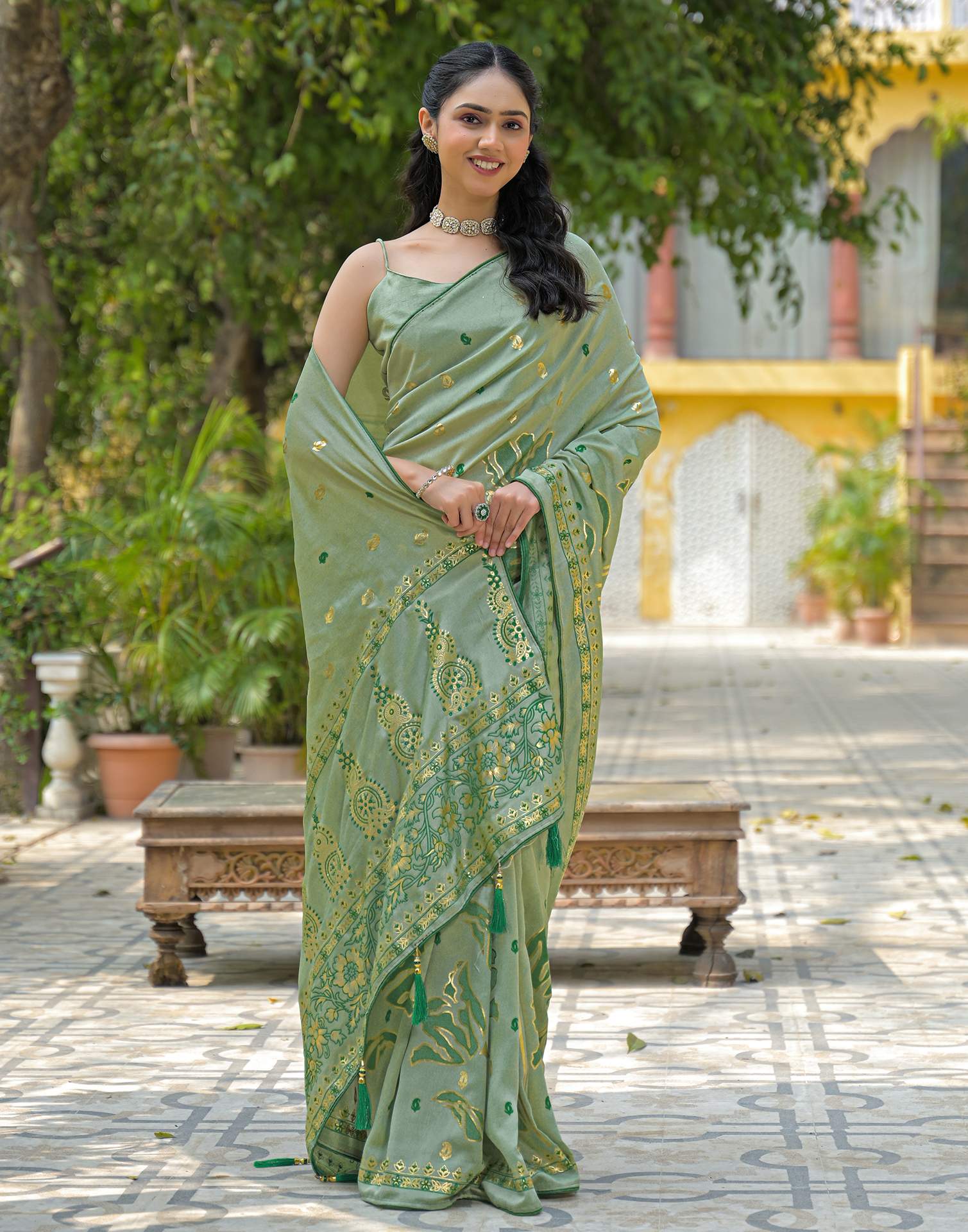 Pista Green Vichitra Silk Foil Printed Saree - Image 5