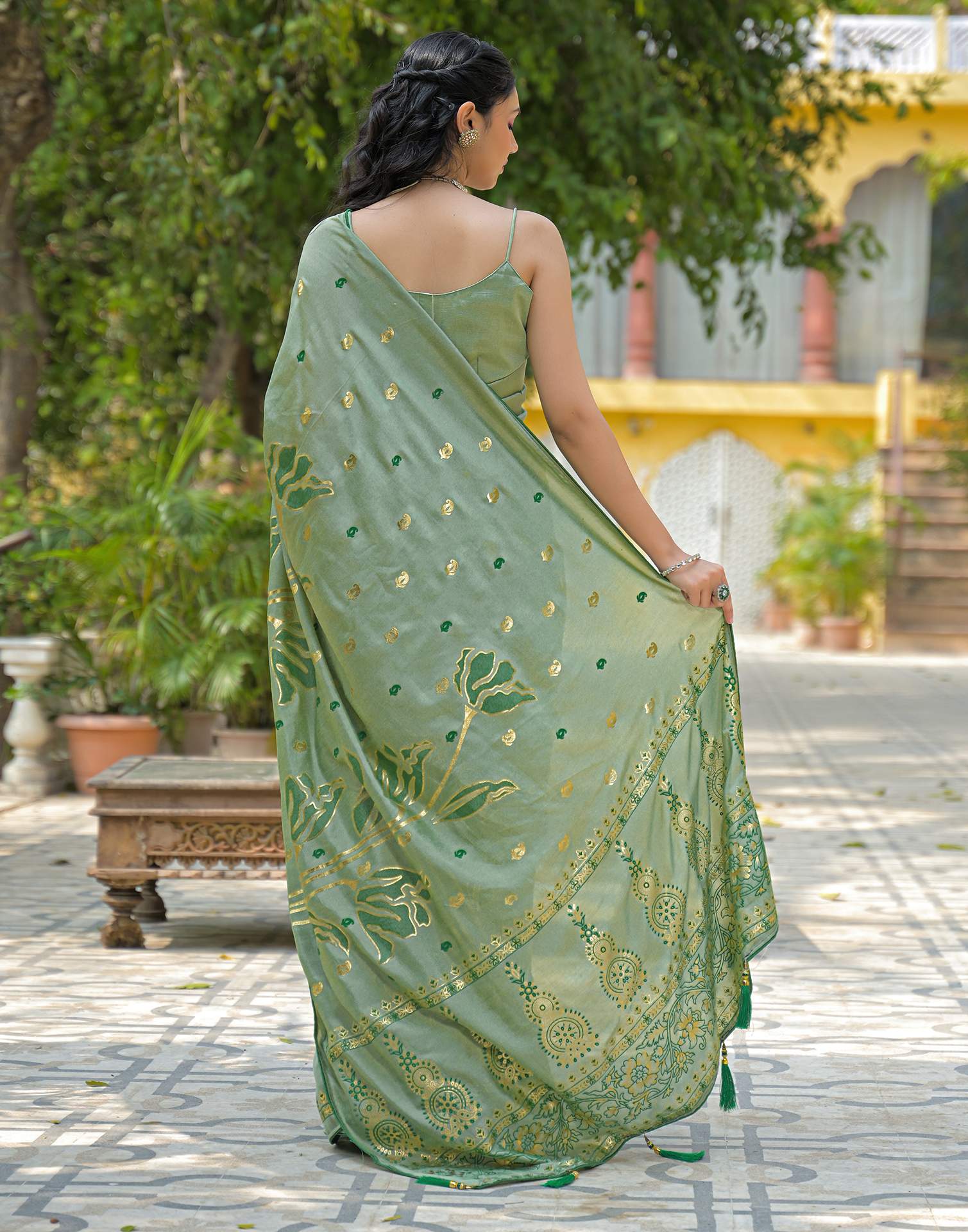 Pista Green Vichitra Silk Foil Printed Saree - Image 6