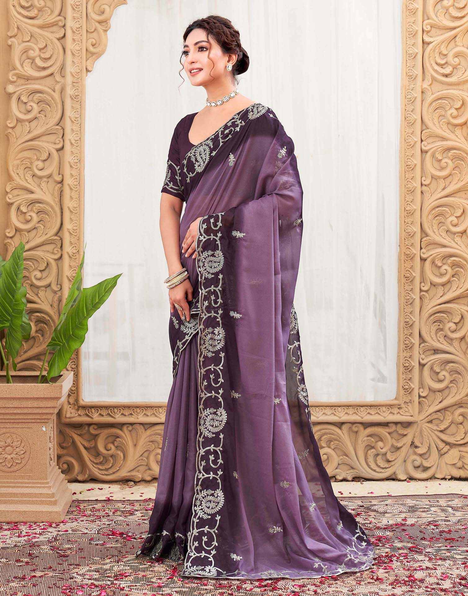Plum Purple Silk Embroidery Saree - Image 4