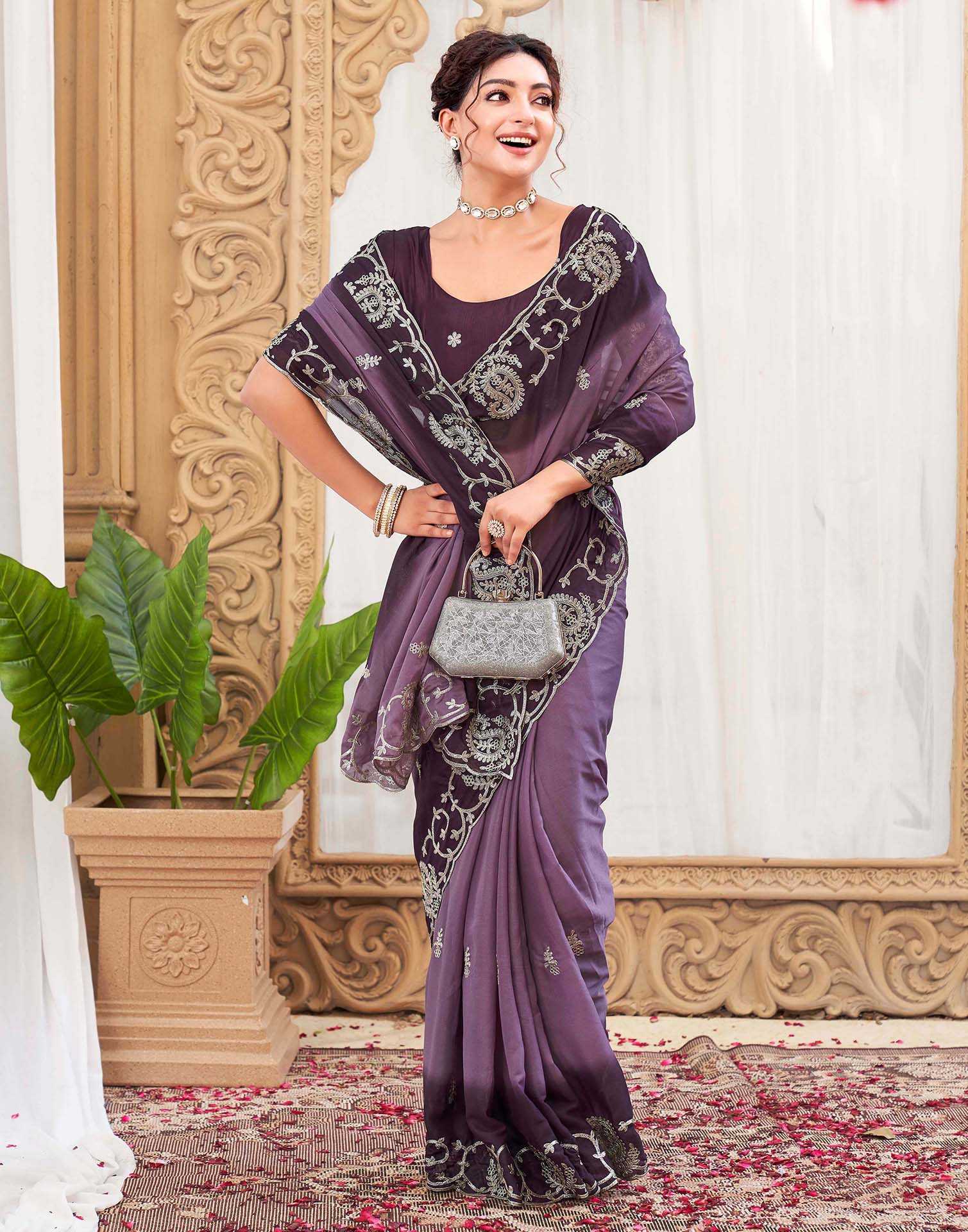 Plum Purple Silk Embroidery Saree - Image 5