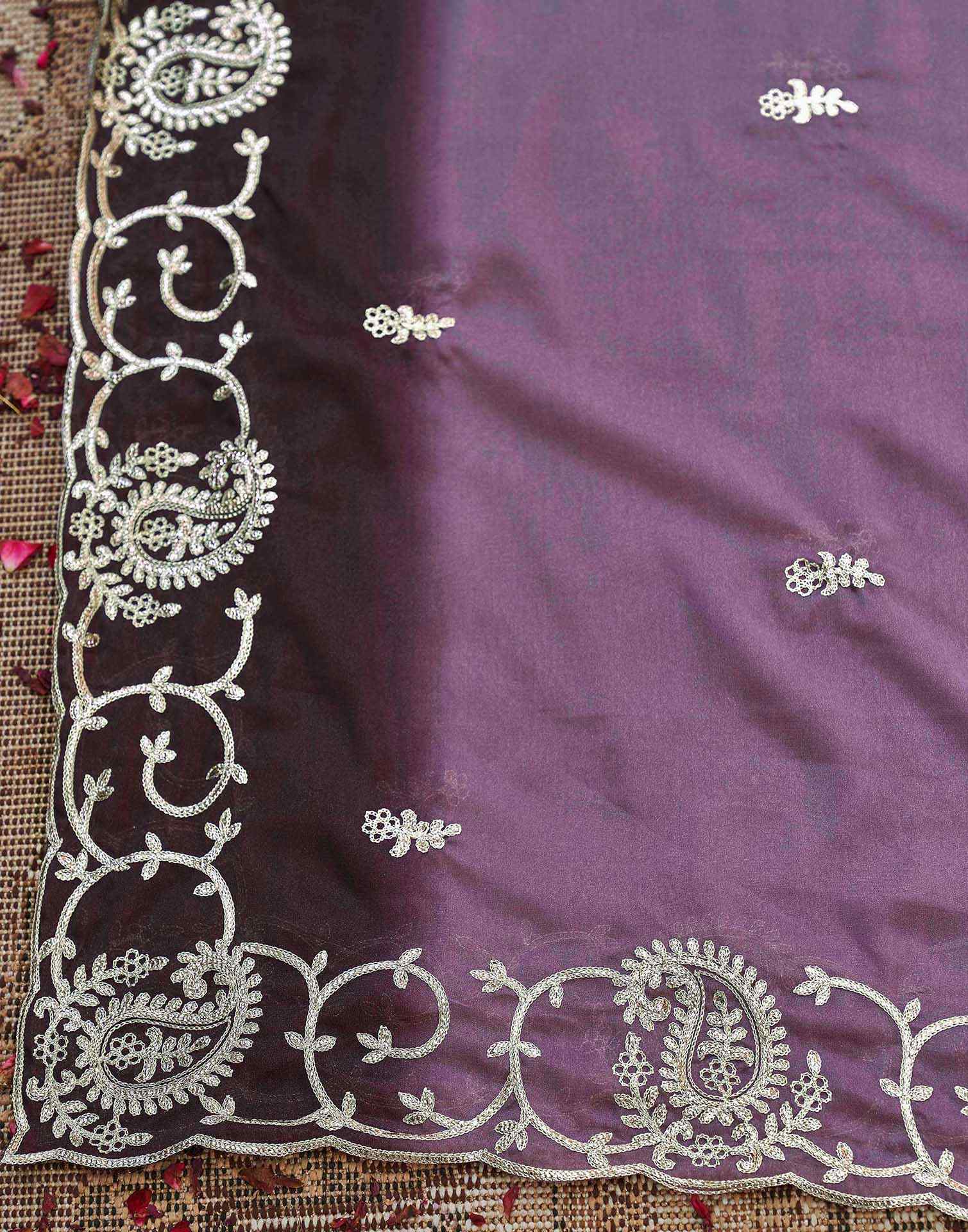 Plum Purple Silk Embroidery Saree - Image 7