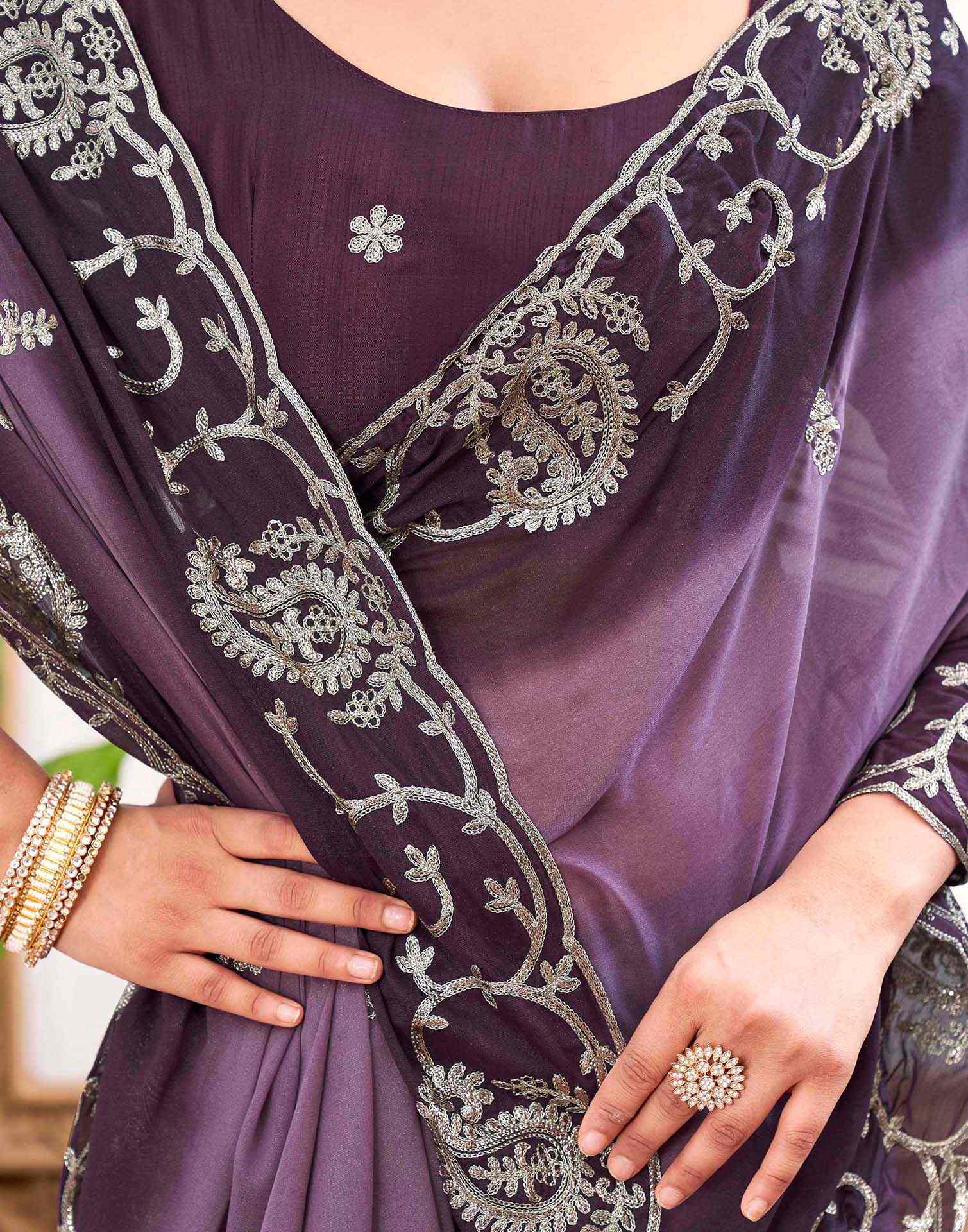 Plum Purple Silk Embroidery Saree - Image 8