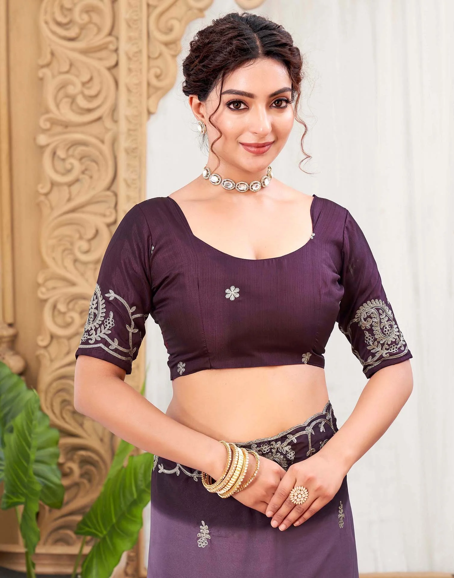 Plum Purple Silk Embroidery Saree - Image 9