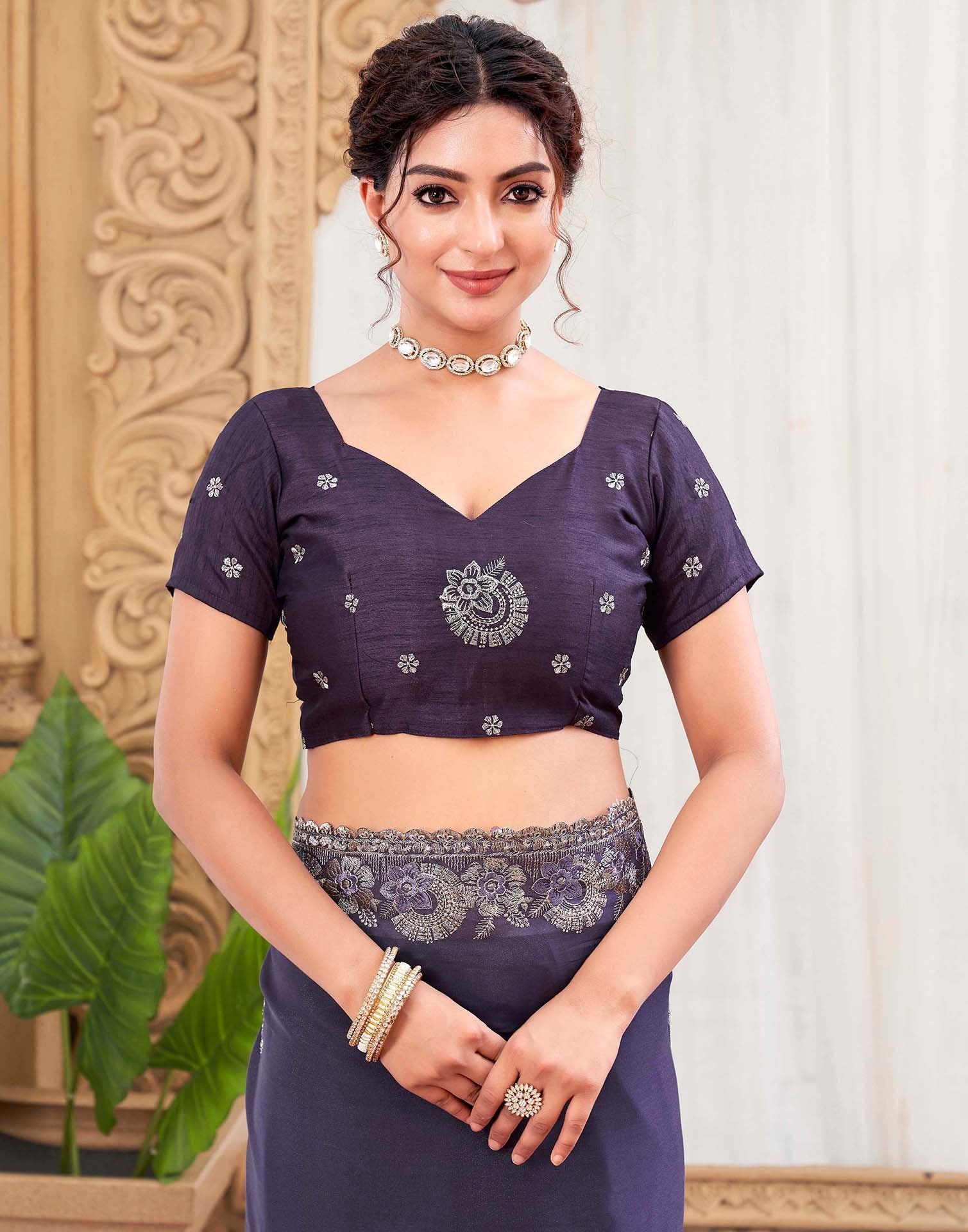 Plum Purple Silk Sequence Embroidery Saree - Image 8