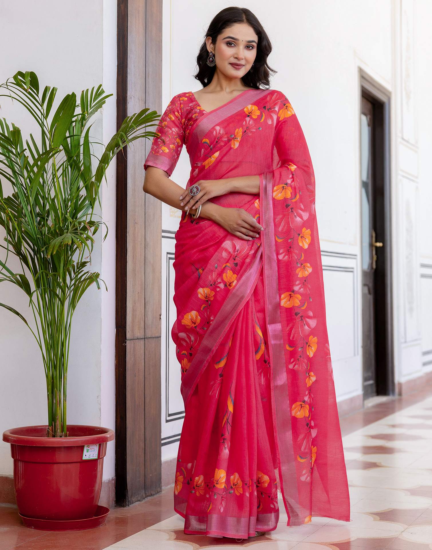 Punch Pink Linen Floral PrintedĀ Saree
