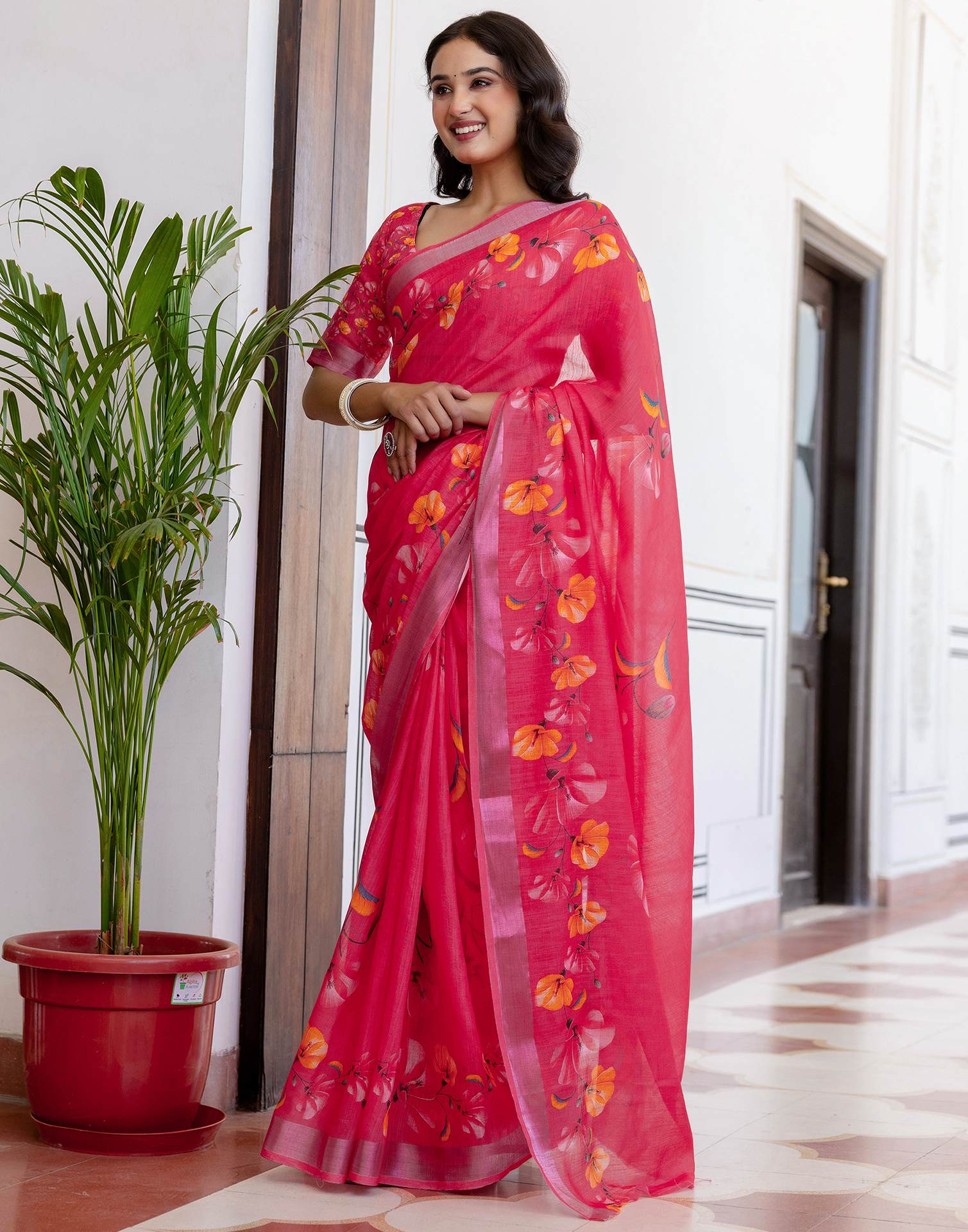 Punch Pink Linen Floral PrintedĀ Saree - Image 4