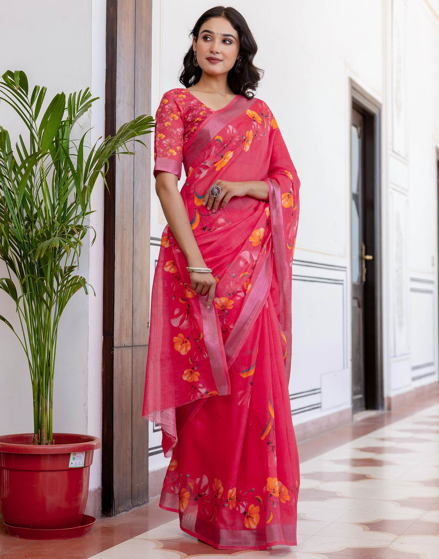Punch Pink Linen Floral PrintedĀ Saree - Image 5