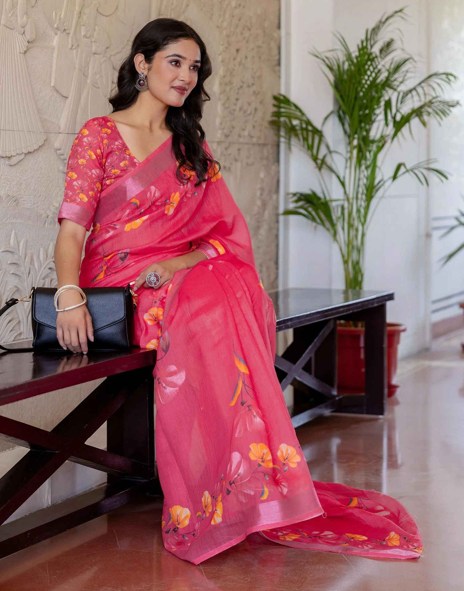 Punch Pink Linen Floral PrintedĀ Saree - Image 7