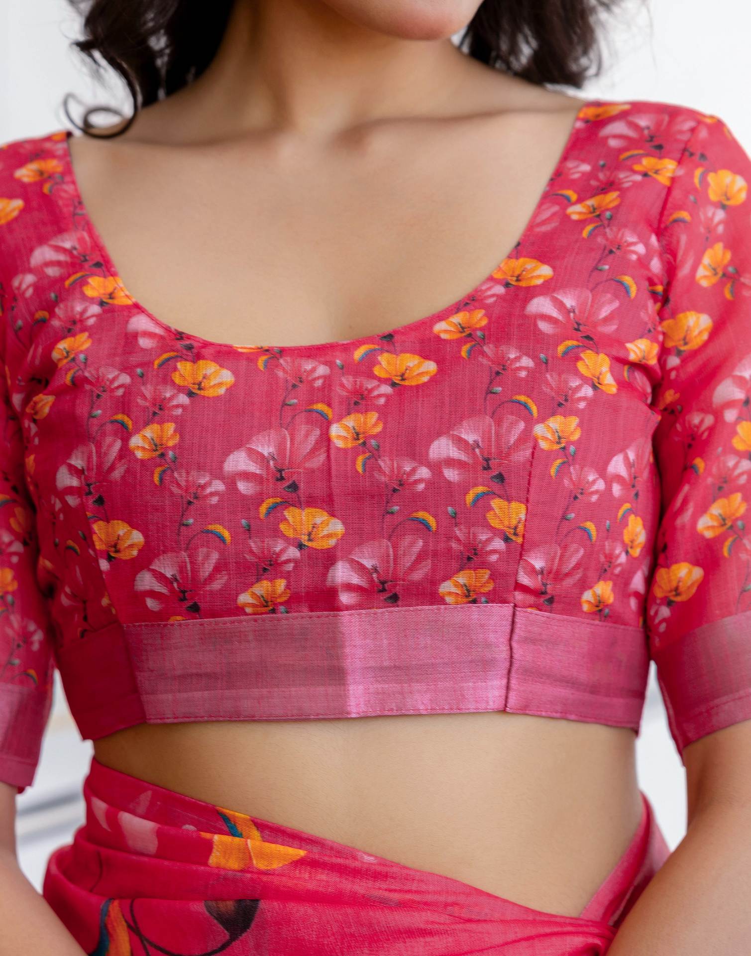 Punch Pink Linen Floral PrintedĀ Saree - Image 9
