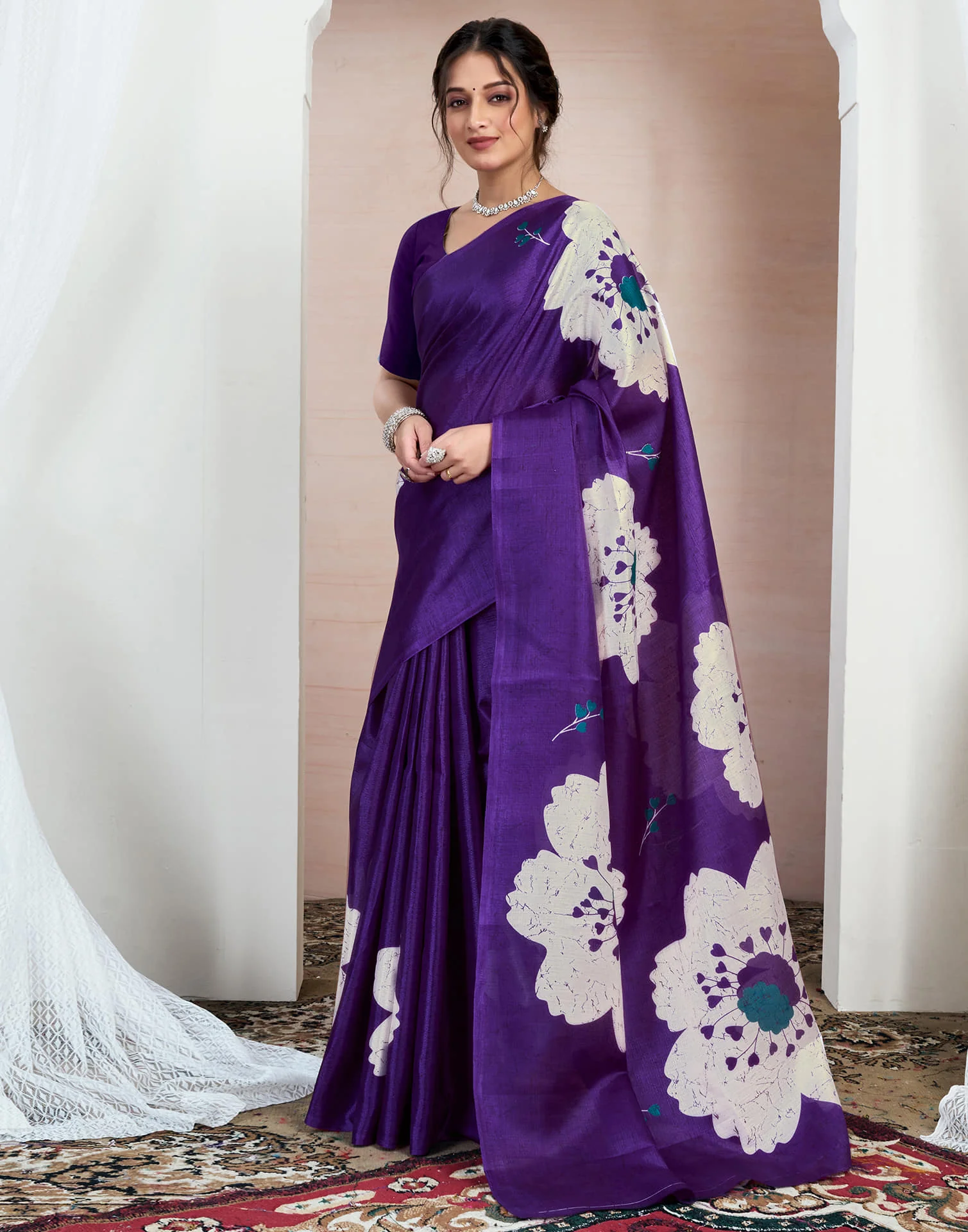 Purple Bhagalpuri Silk Printed Saree - Image 4