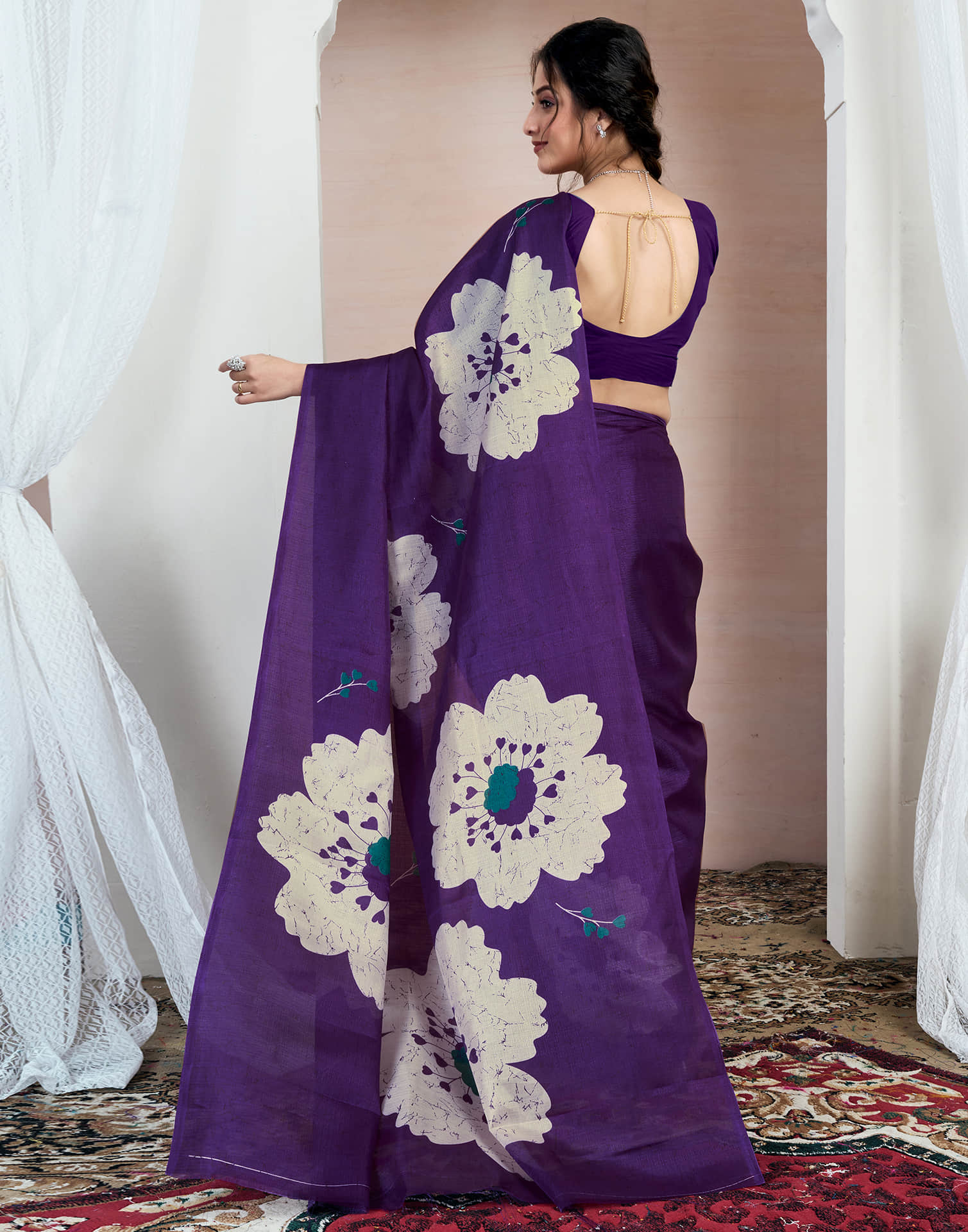 Purple Bhagalpuri Silk Printed Saree - Image 5