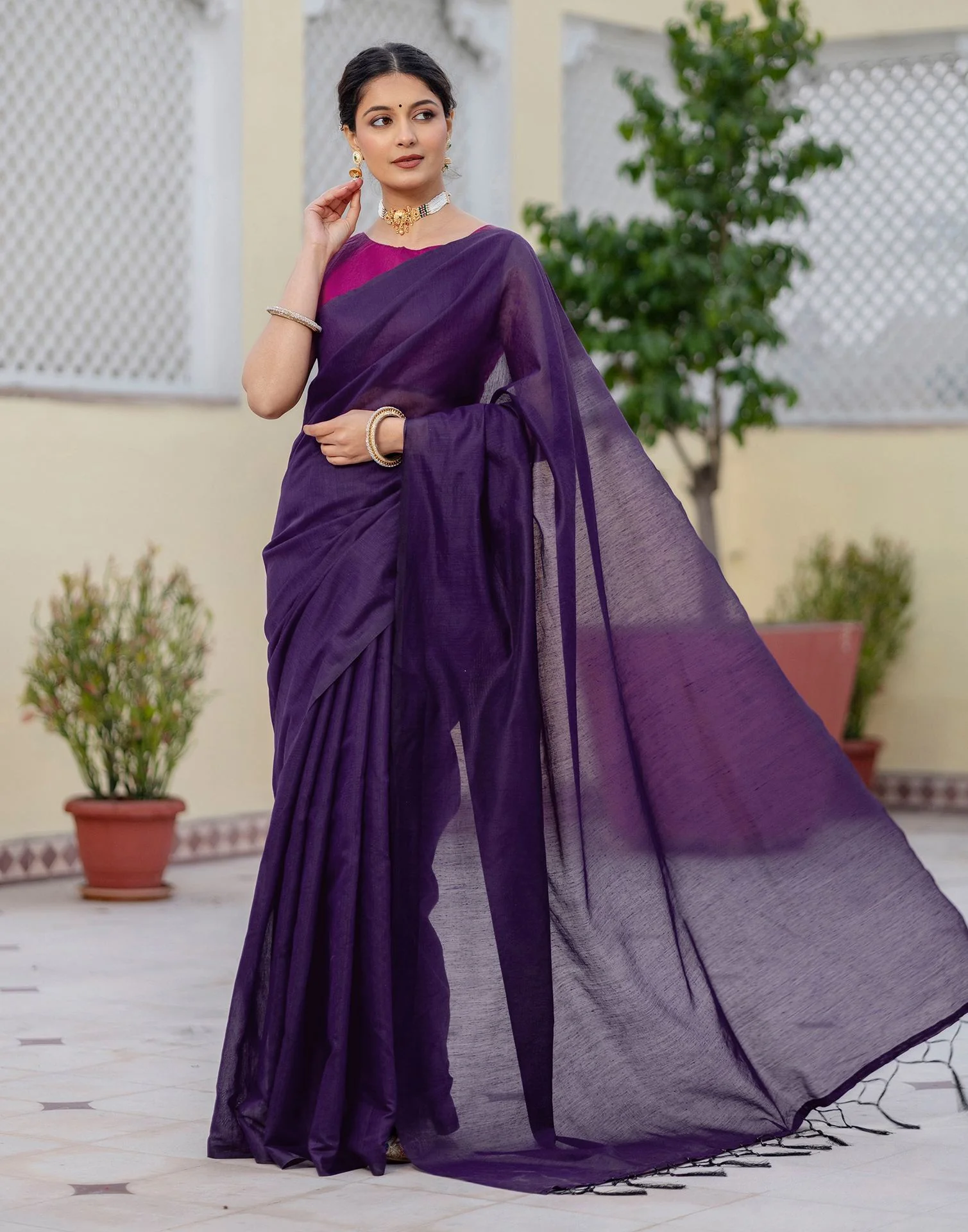 Purple Chanderi Cotton Tassels Plain Saree - Image 5