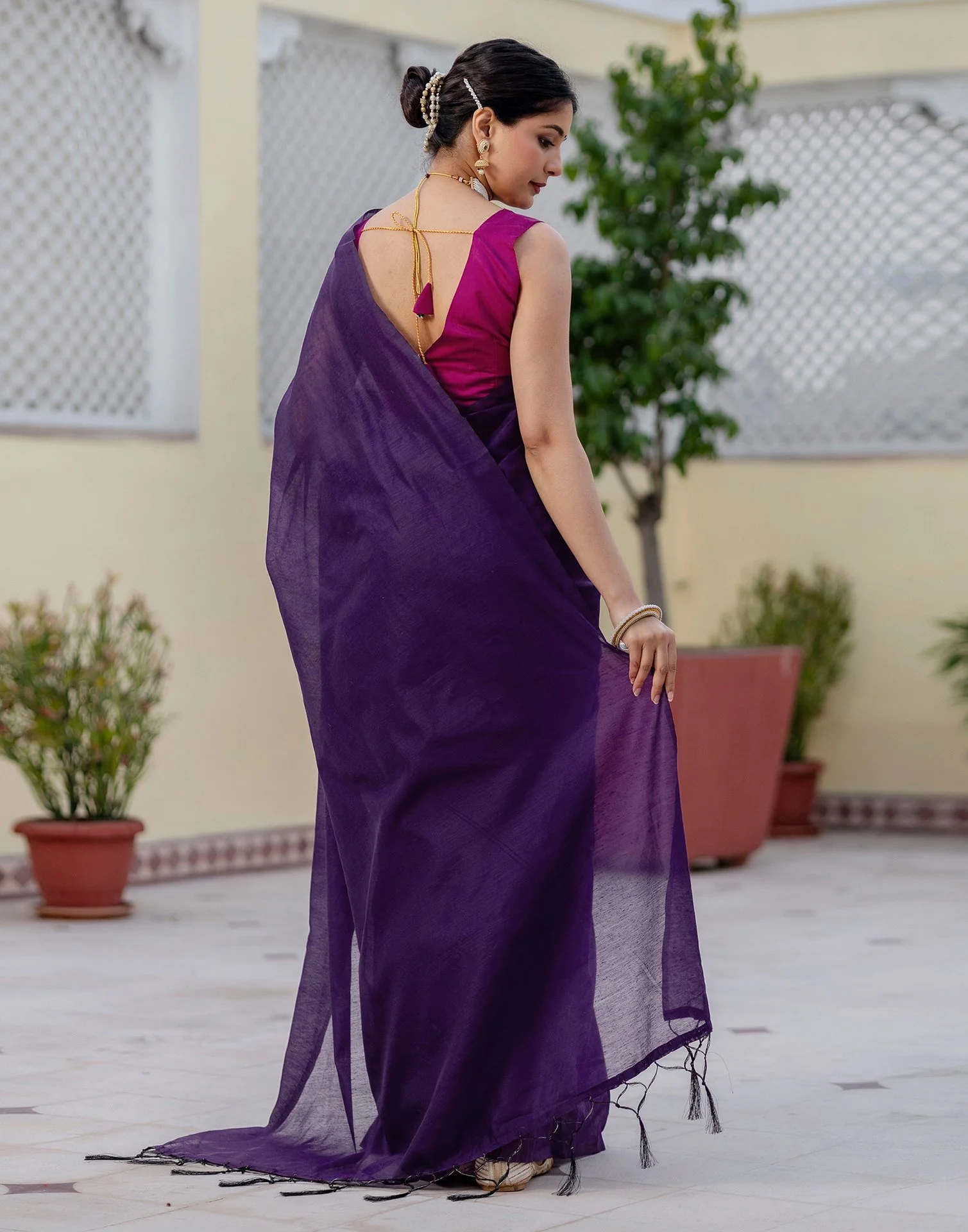 Purple Chanderi Cotton Tassels Plain Saree - Image 7