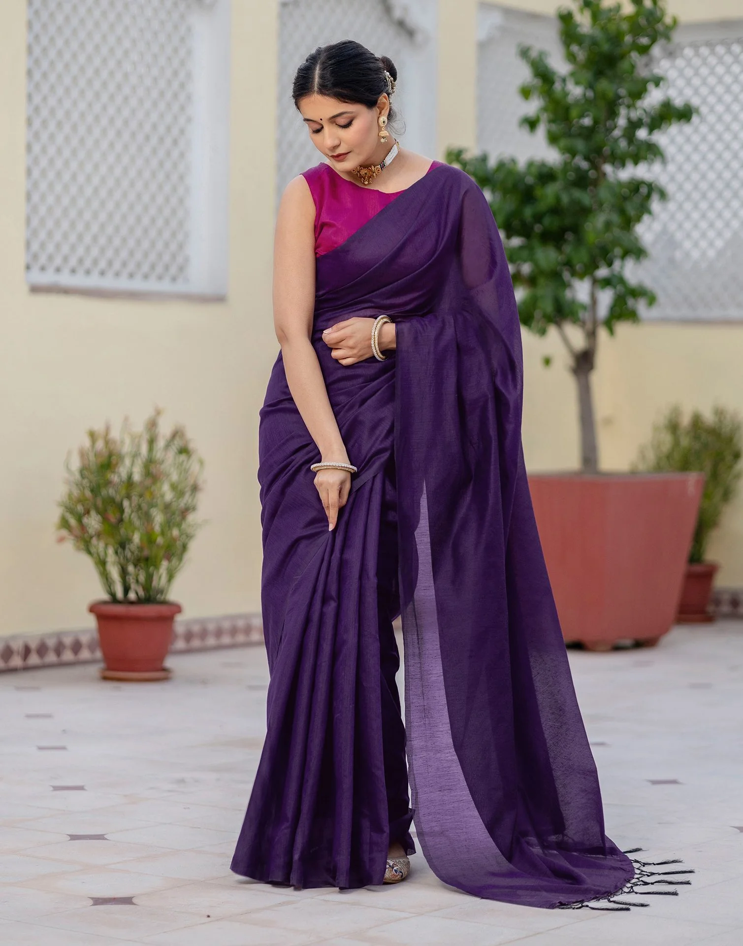 Purple Chanderi Cotton Tassels Plain Saree - Image 8