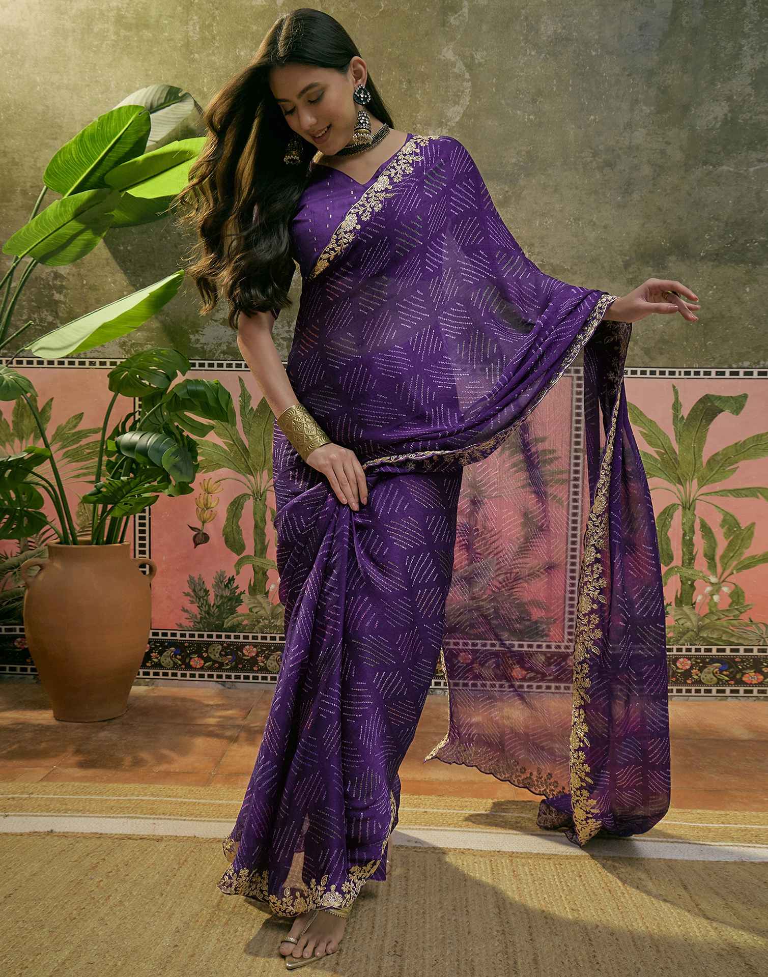 Purple Chiffon Bandhani Printed Embroidery Saree - Image 2