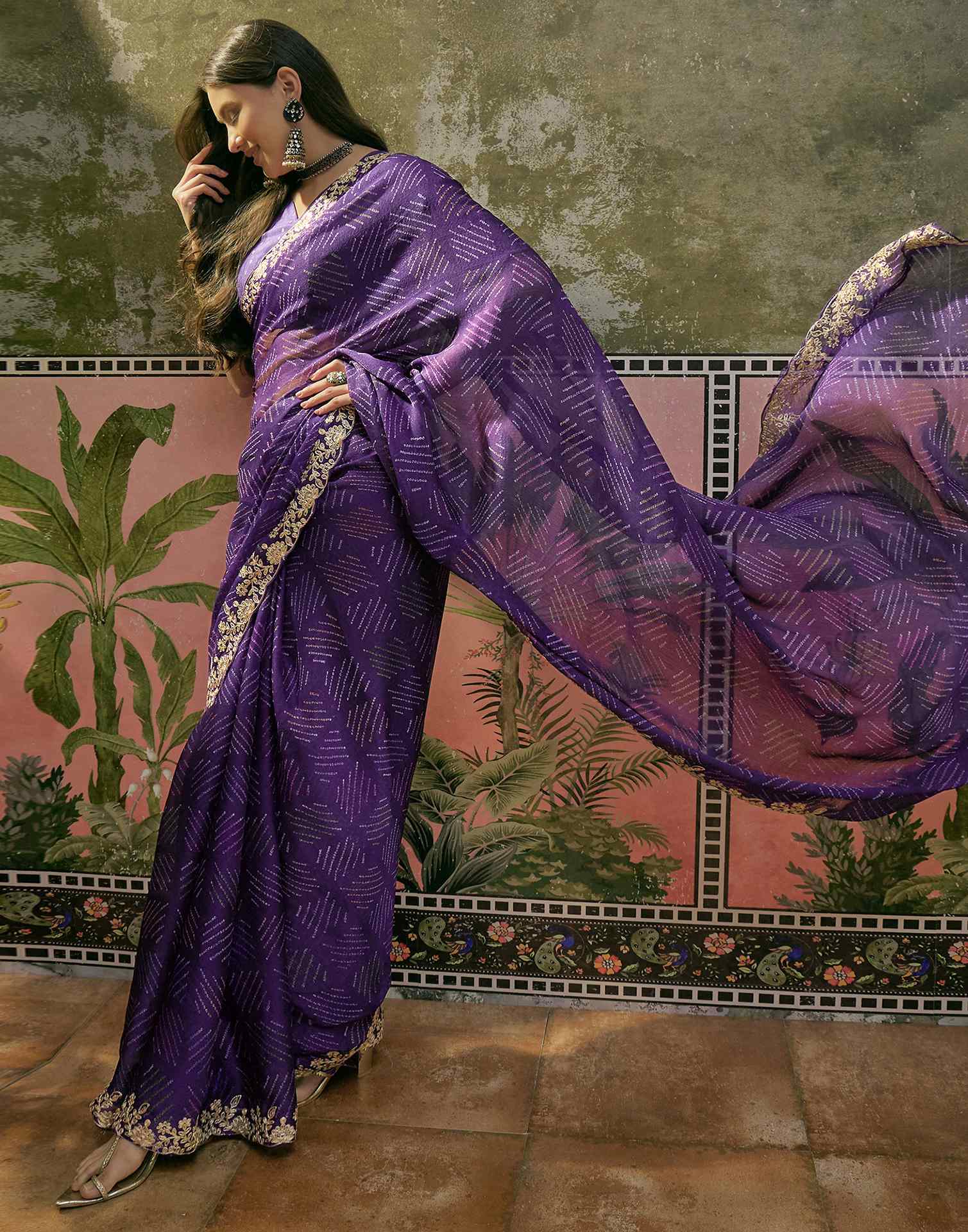 Purple Chiffon Bandhani Printed Embroidery Saree - Image 6