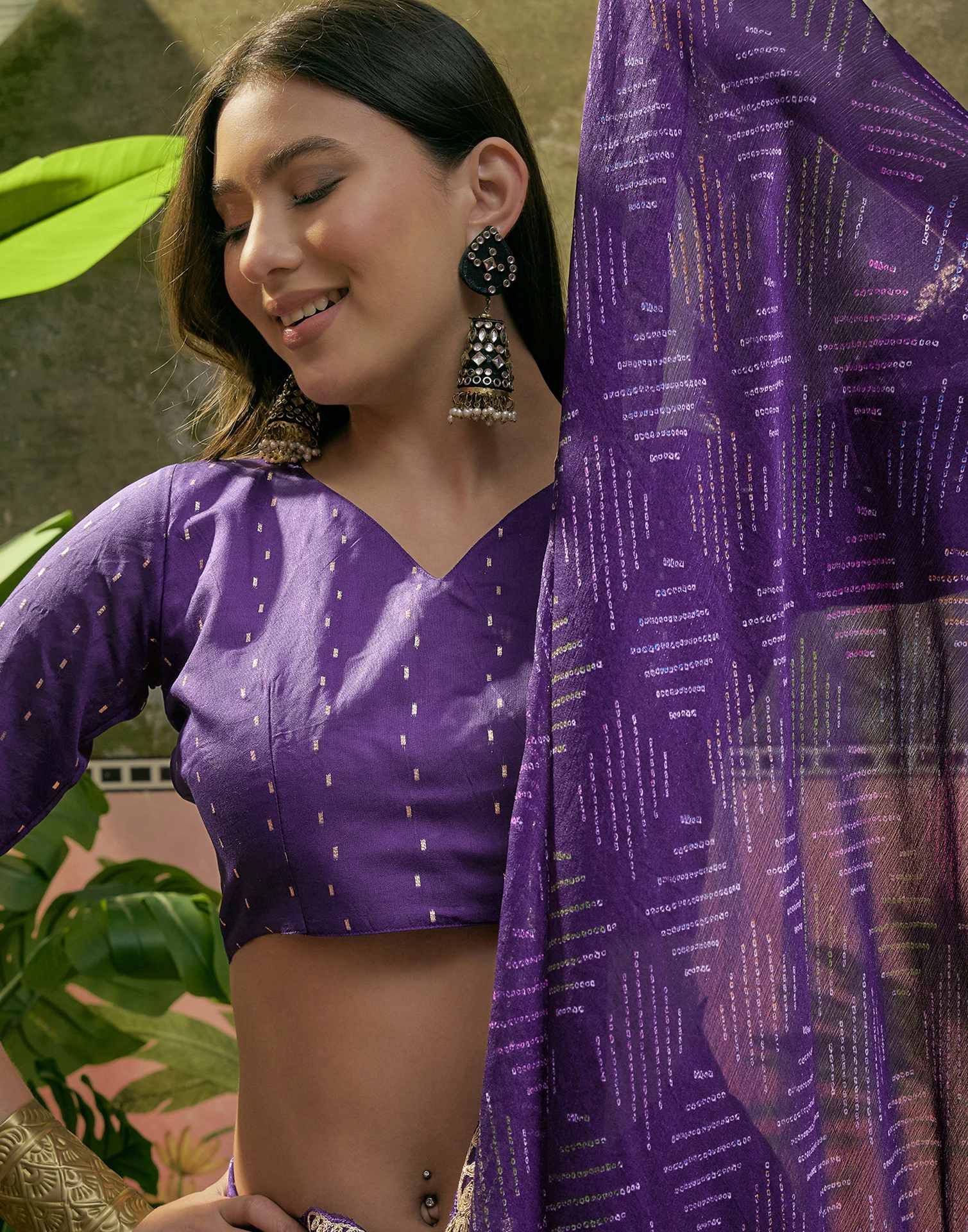Purple Chiffon Bandhani Printed Embroidery Saree - Image 8
