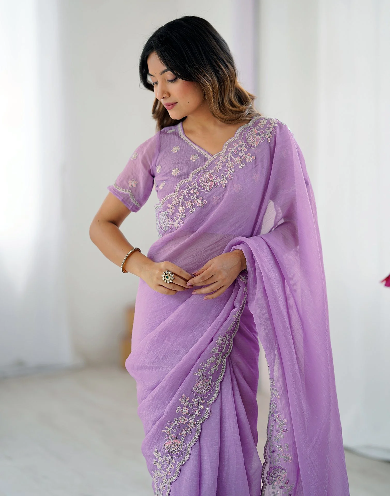 Purple Chiffon Embroidery Saree - Image 4