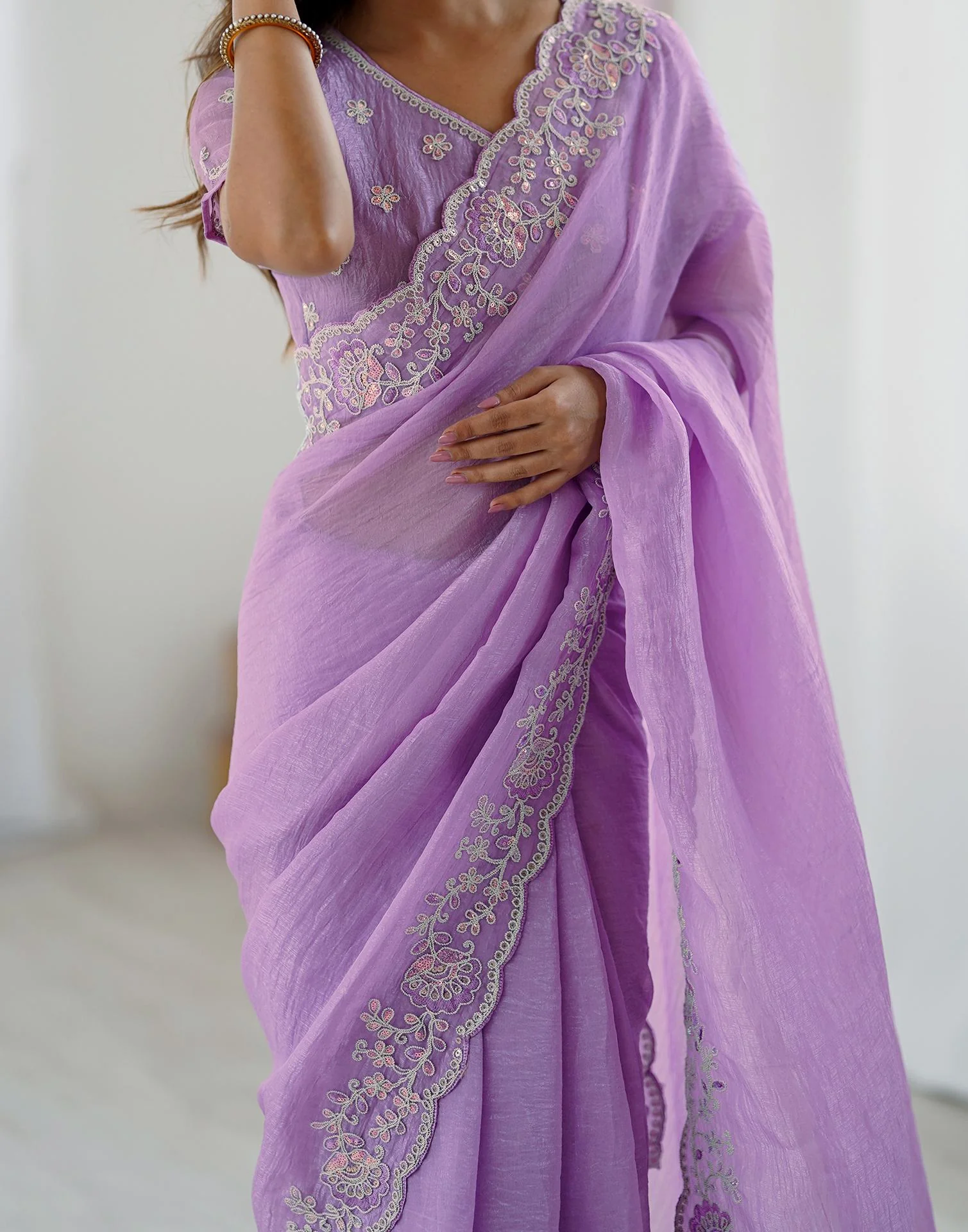 Purple Chiffon Embroidery Saree - Image 9