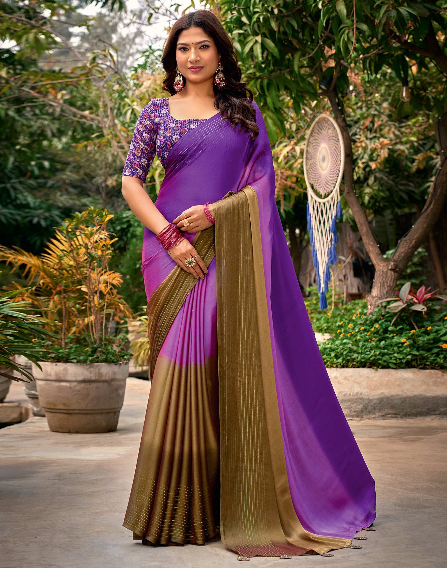 Purple Chiffon Ombre Zari Stripe Saree - Image 2