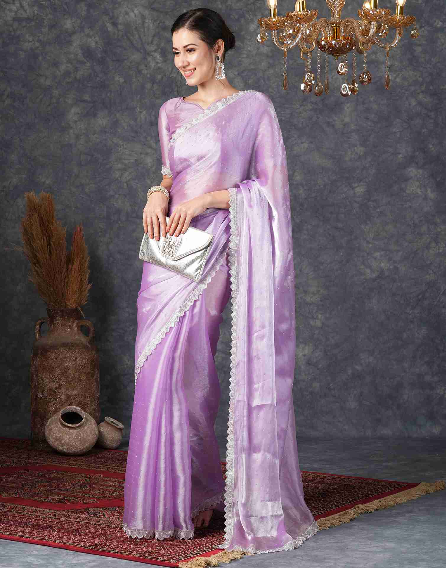Purple Chiffon Plain Jimmy Choo Saree - Image 2