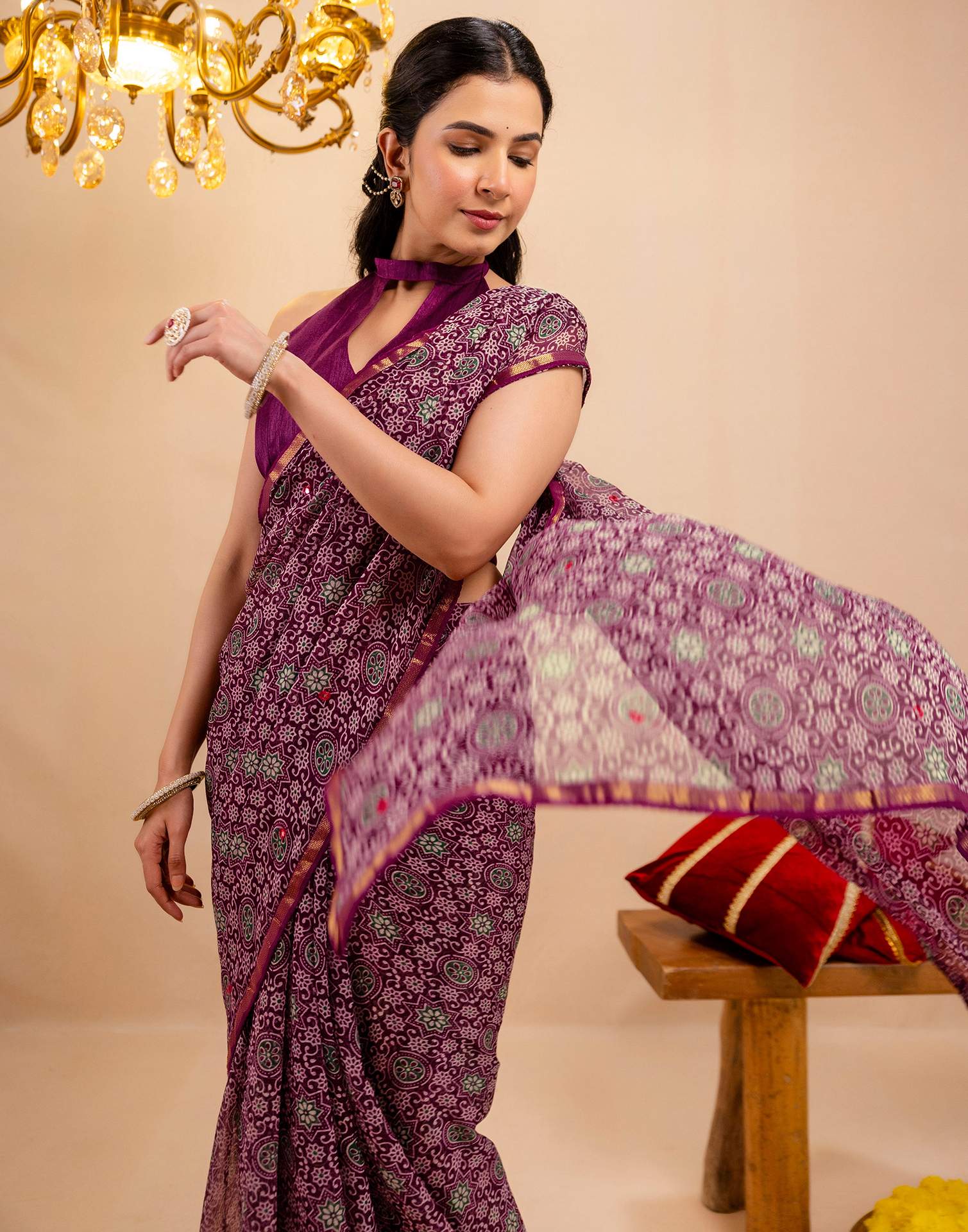 Purple Chiffon Printed Saree - Image 11