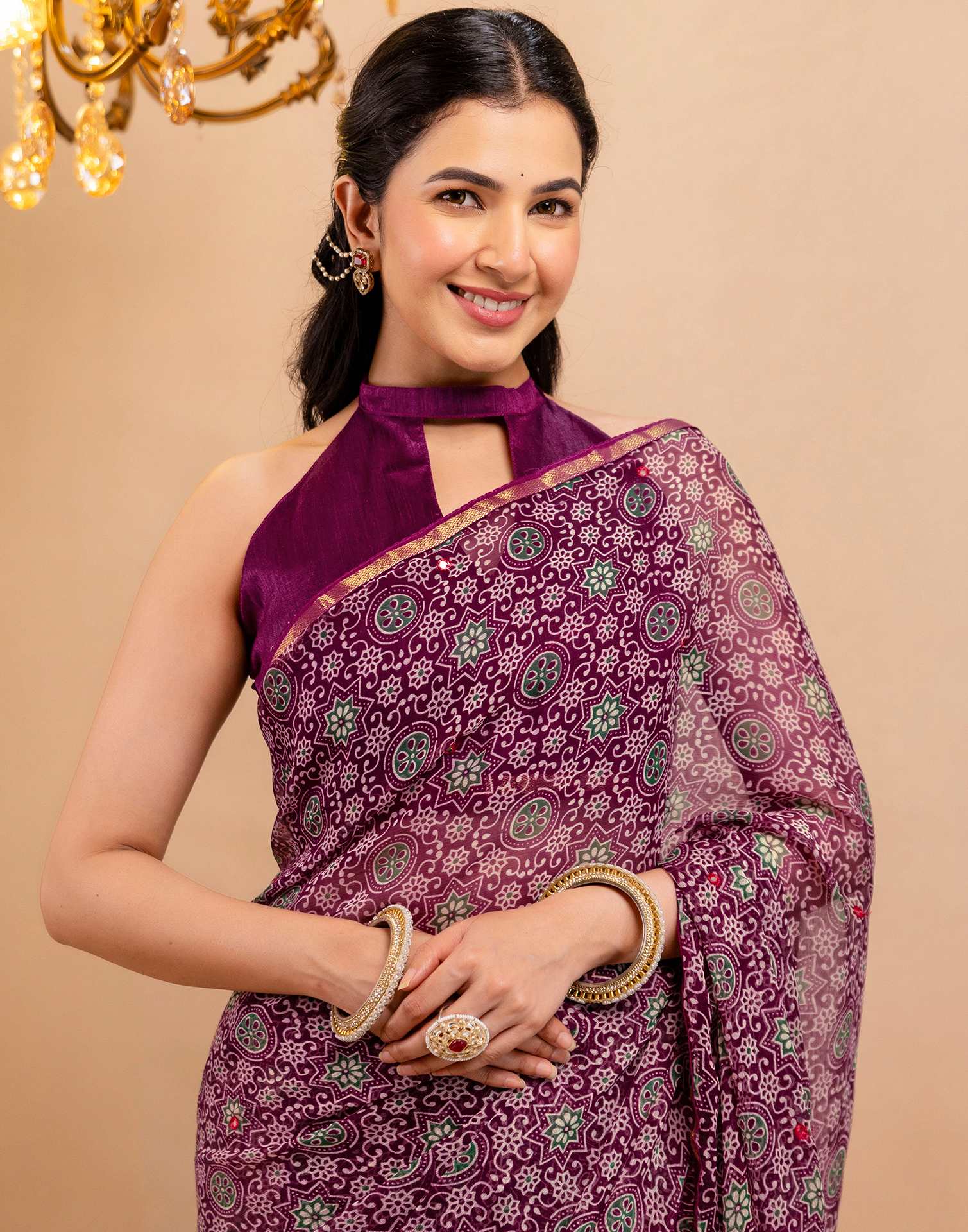 Purple Chiffon Printed Saree - Image 5