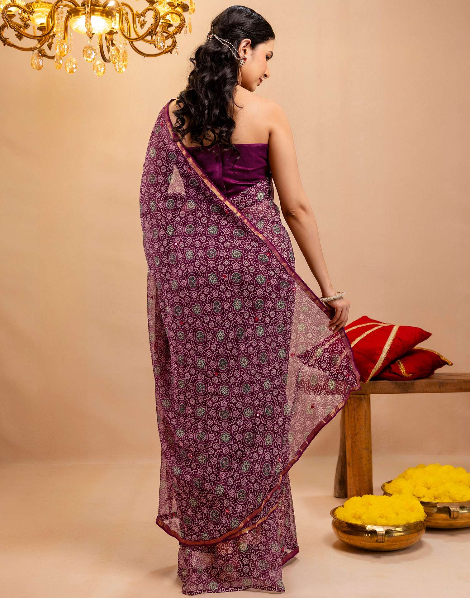 Purple Chiffon Printed Saree - Image 7
