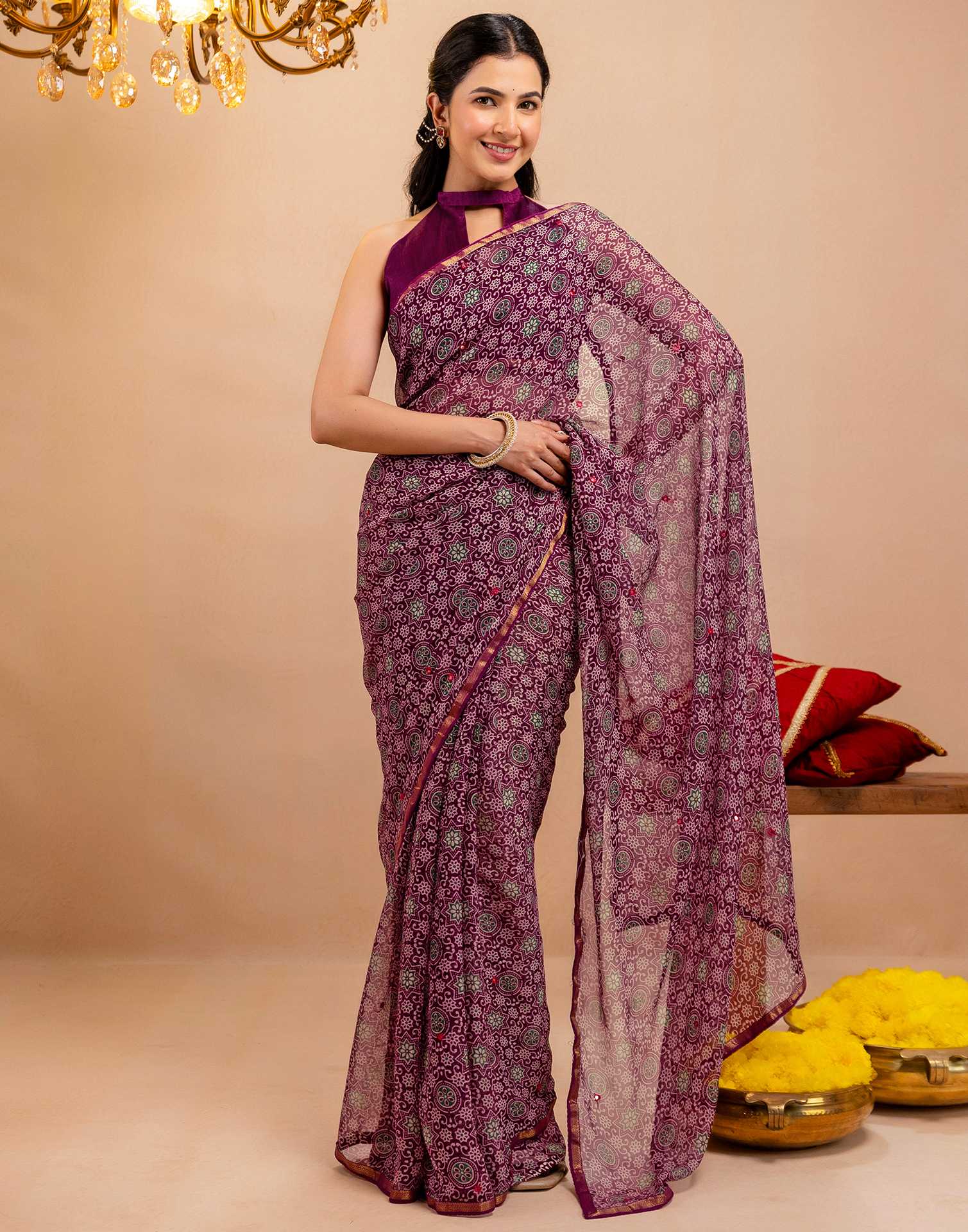 Purple Chiffon Printed Saree - Image 8